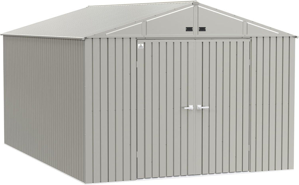 Arrow Shed Elite 10' x 14' Tall Outdoor Steel Storage Shed with High Gable and Lockable Doors Storage Building, Cool Grey