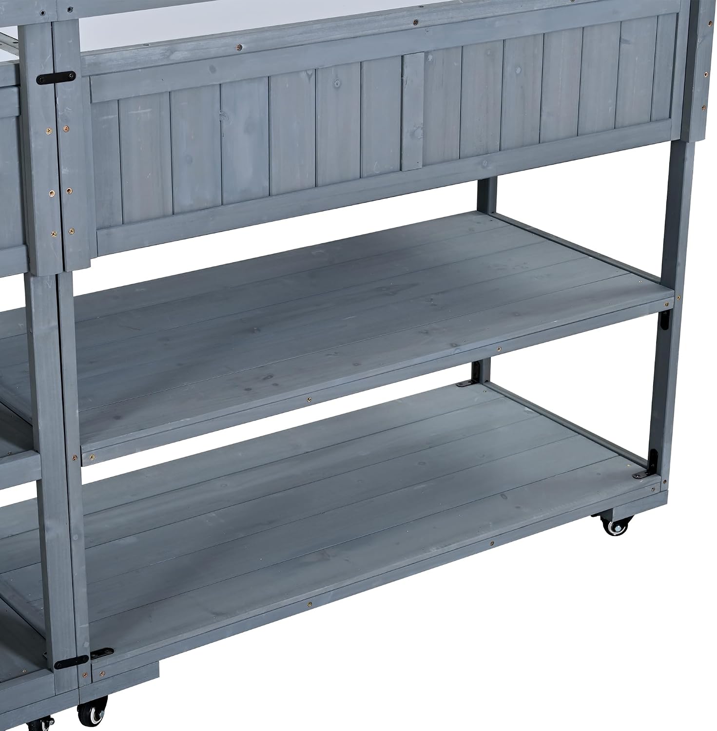 62.3'' Patio Kitchen Island, Solid Wood Kitchen Cart with Stainless Table Top, Garden Potting Bench with Raised Shelf and Drawers, Grill Prep Table for BBQ, Party (Gray-62.3'')