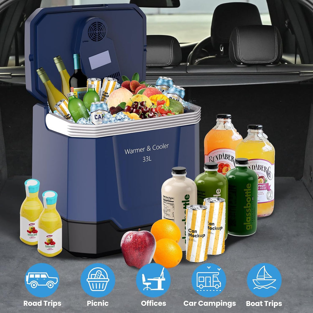GarveeTech 35 QT (33 L) Electric Cooler & Warmer, Portable Car Refrigerator With Automatic Locking Handle, 12V Car Cooler for Vehicle & Trucks, 110V AC Home Power Cord, Plug In Coolers,Blue