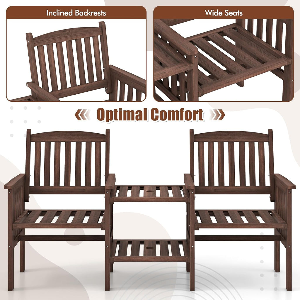 Tangkula Outdoor Fir Wood Loveseat with 2-Tier Side Table and Umbrella Hole, 2-Seater Patio Garden Bench with Armrests and Slatted Seats, Outdoor Table and Chairs Set for Porch and Balcony