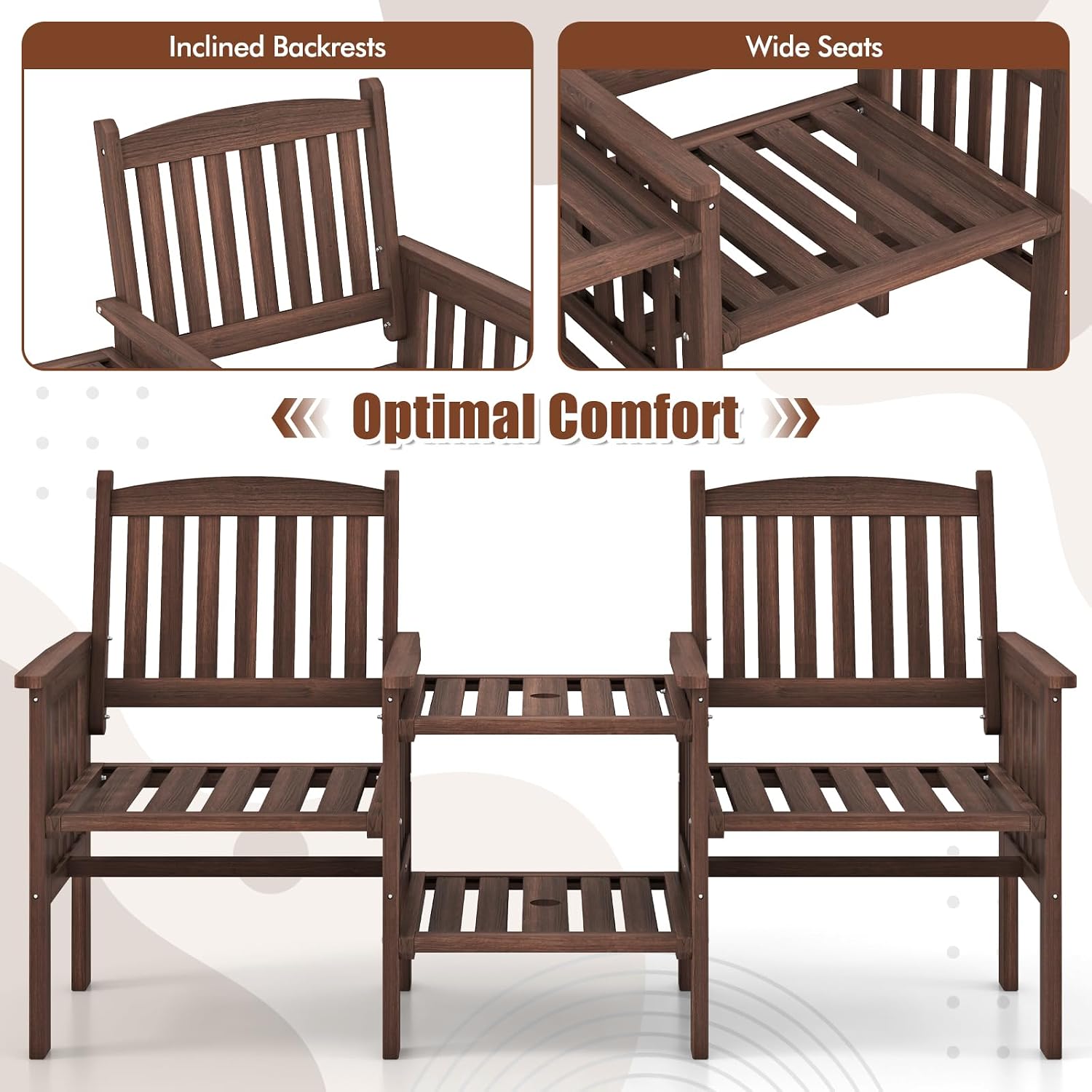 Tangkula Outdoor Fir Wood Loveseat with 2-Tier Side Table and Umbrella Hole, 2-Seater Patio Garden Bench with Armrests and Slatted Seats, Outdoor Table and Chairs Set for Porch and Balcony