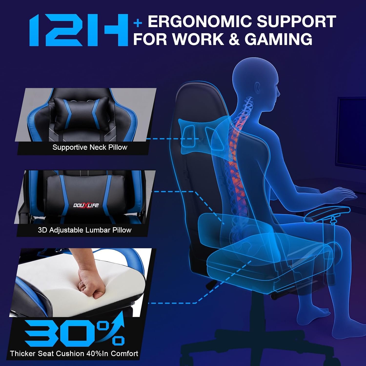 Douxlife 7-Point Massage Gaming Chair with Footrest, 400lbs Heavy Duty Ergonomic Computer Chair, 175° Reclining High Back Racing Seat for Adults with Adjustable Armrests & Lumbar Support, Blue