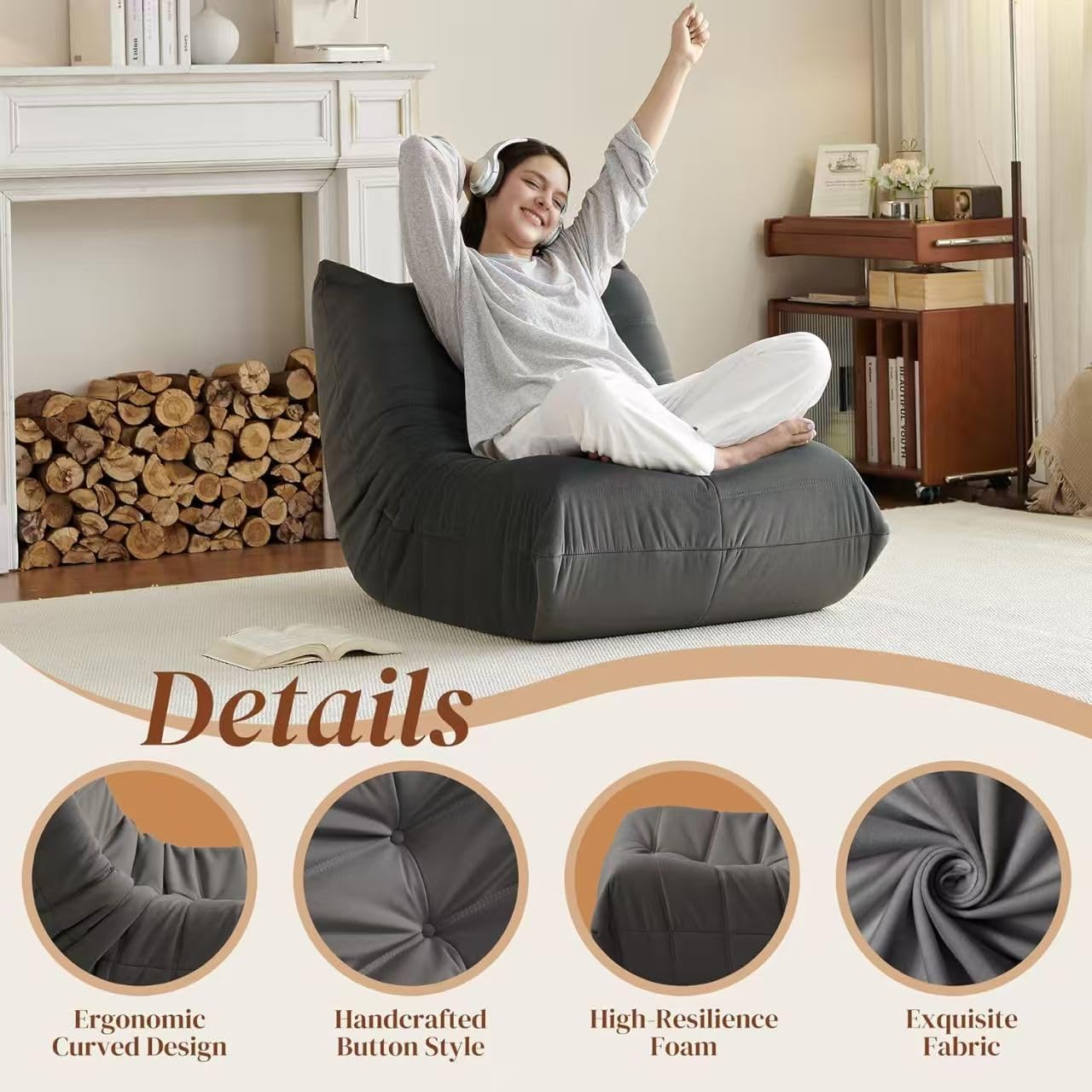 Warmiehomy Bean Bag Chair, Corduroy Bean Bag Couch with Button Design, Pre-Filler Foam Floor Fireside Chair for Adults and Kids for Gaming Reading Relaxing Watching(Grey)