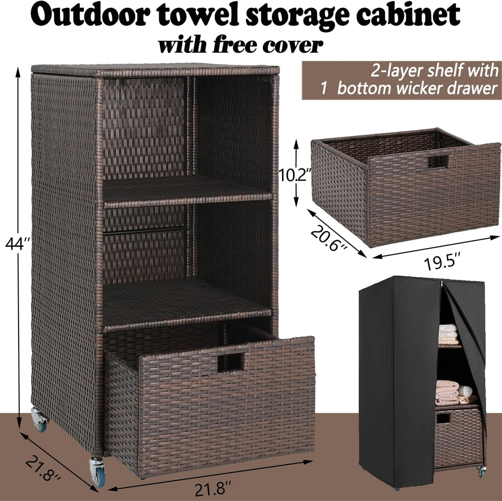 Outdoor Towel Rack for Pool Outdoor Pool Towel Storage Cabinet with Shelf & Drawer Poolside Towels Valet Caddy with Rolling Wheels Wicker Poolside Towels Holder with Cover for Hot Tub Espresso