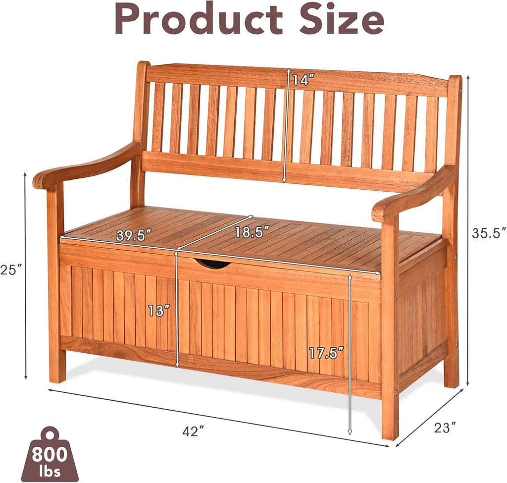 LDAILY 33 Gal Outdoor Storage Bench, Eucalyptus Multi-Functional Deck Box with 800 lbs Heavy Duty Capacity, Removable Liner, Patio Storage Bench for Garden, Poolside, Front Porch, Entryway