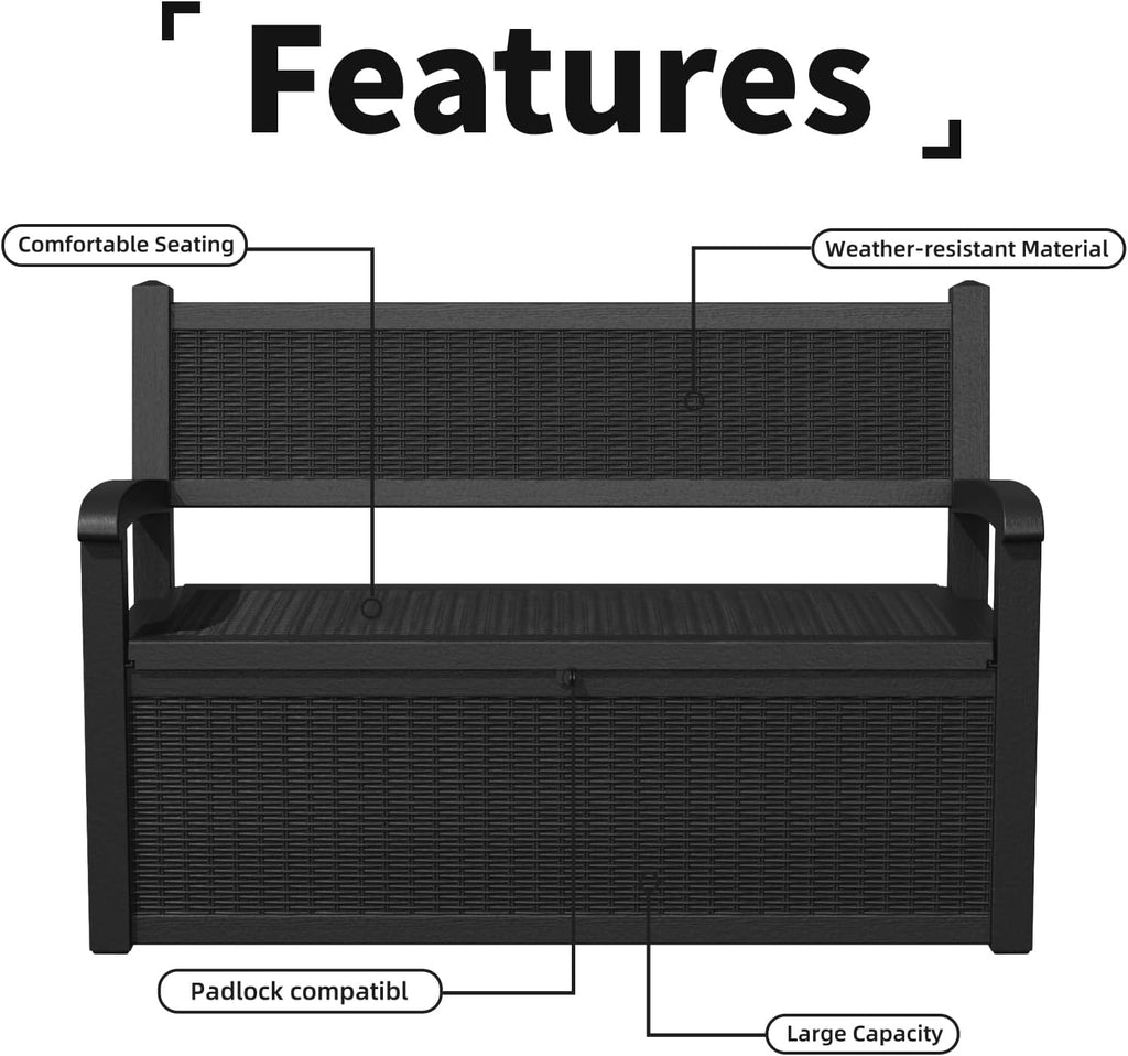 Vixzen 80 Gallon Outdoor Storage Bench Deck Box, Lockable All-Weather Resin Seating Outside Benches, Waterproof Furniture Patio Garden Porch Pool Tool Cushion Black