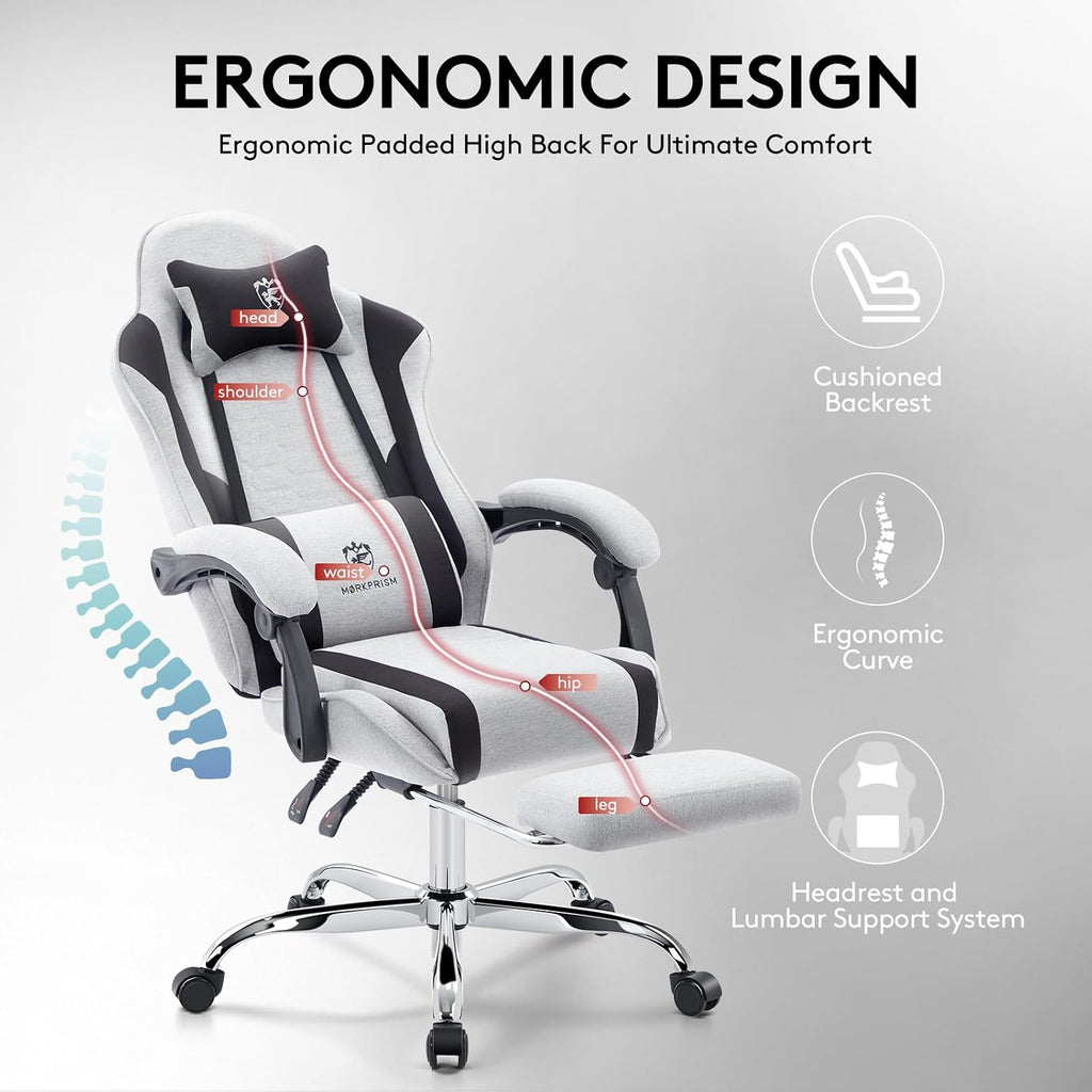 Gaming Chair Breathable Fabric,Computer Office Chair with Footrest,Massage Lumbar Support and Gel Pad,Ergonomic Reclining Adjustable Gamer Chair with Headrest and Spring Cushion Grey Black