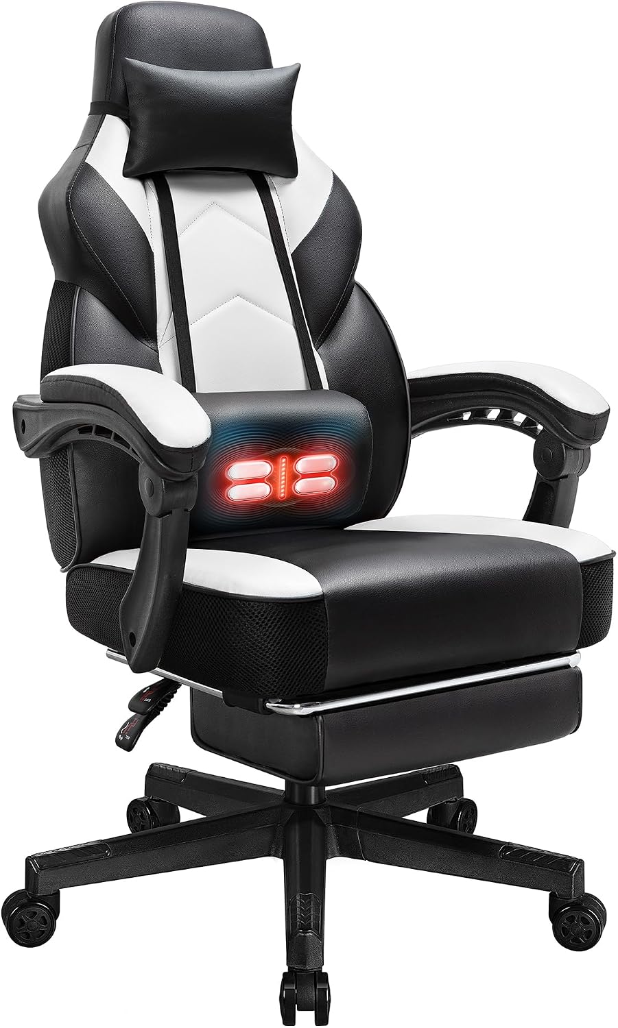 SUNLEI Gaming Chair for Adults, Ergonomic PU Leather Office Chair with Headrest & Footrest, Video Game Chairs with Massage Lumbar Support, Height Adjustable Computer Chair with 360° Swivel, White