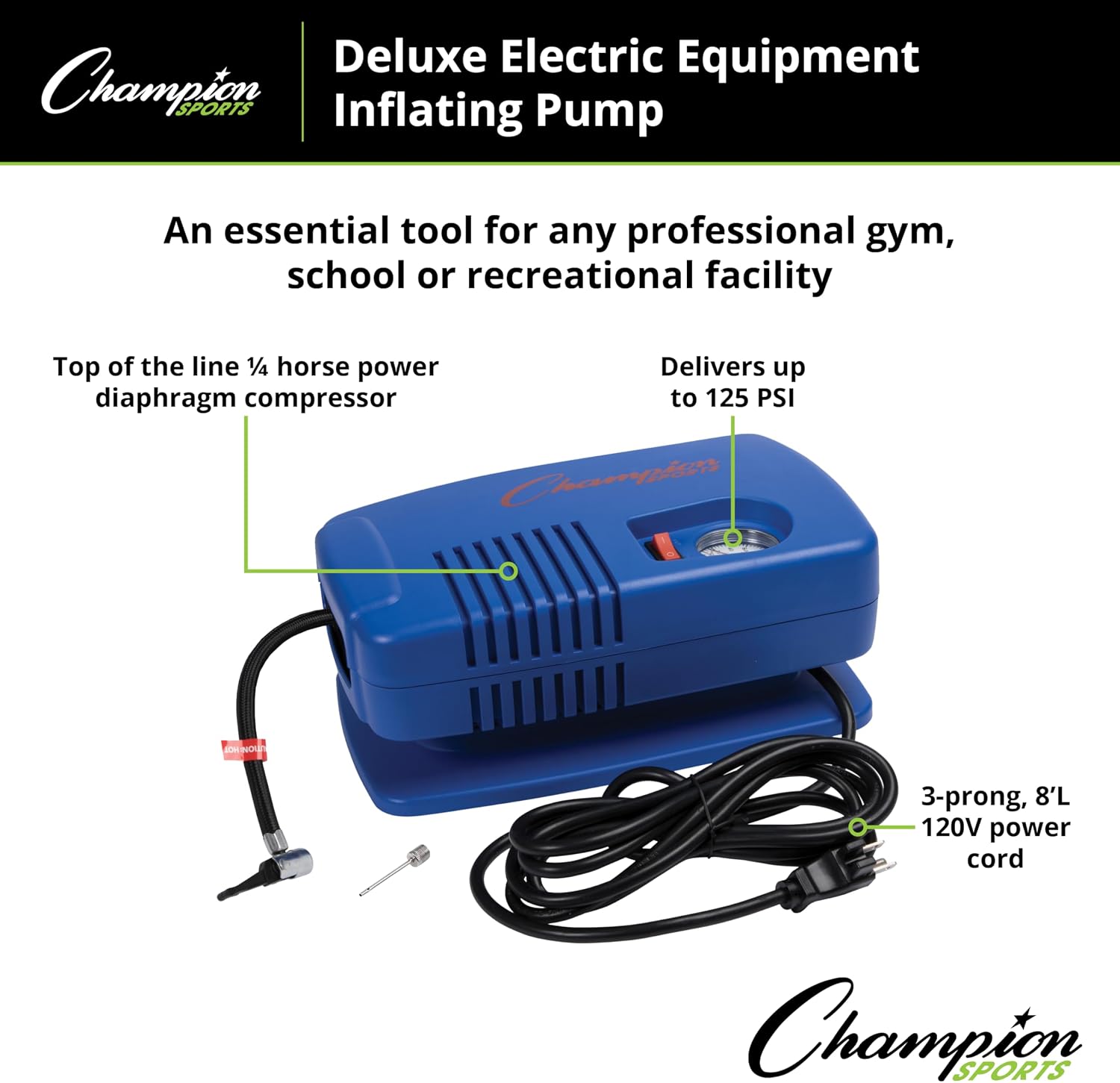 Champion Sports Electric Ball Inflator – Quiet High-PSI Air Compressor & Ball Pump for Sports Balls, 110–120V AC