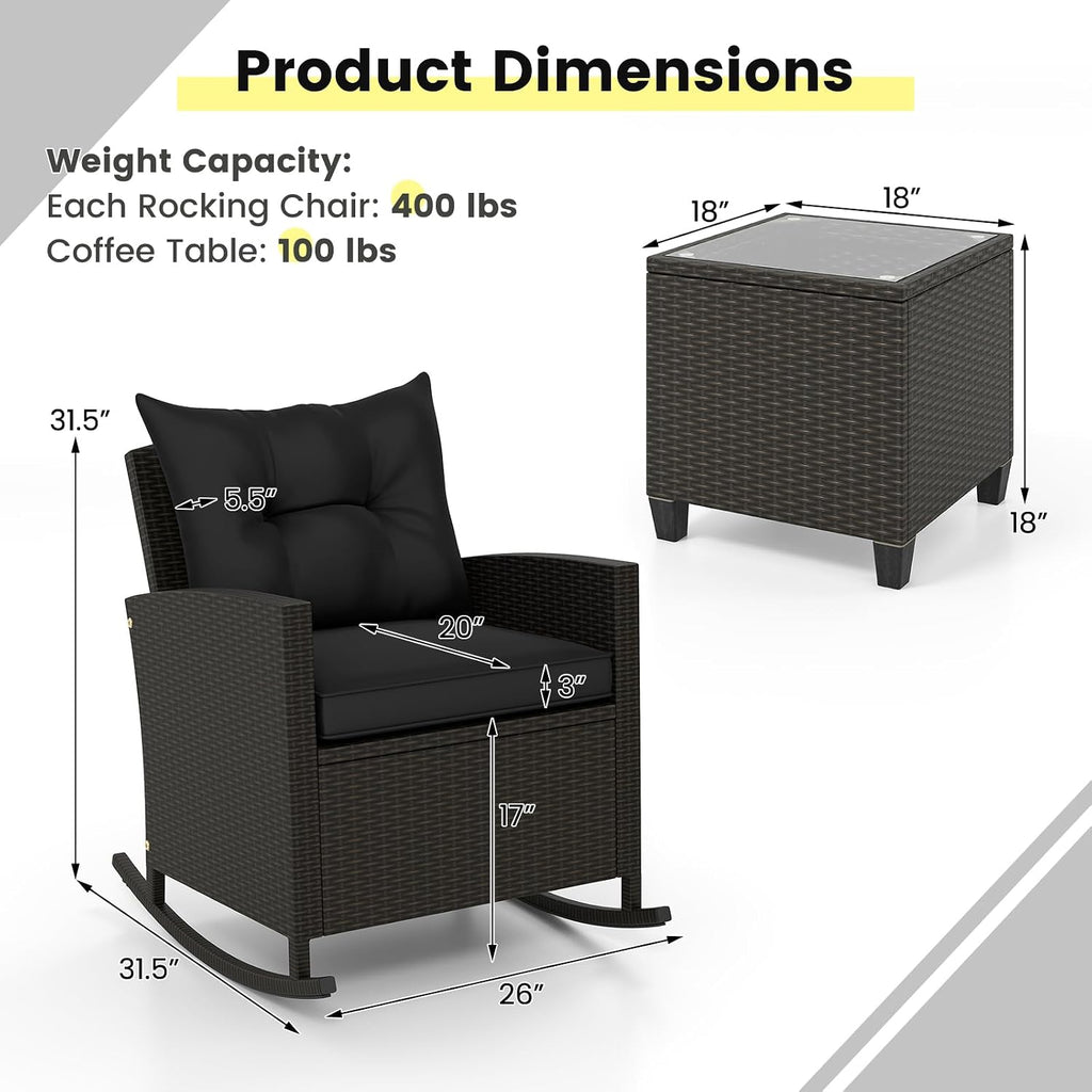 ORALNER 3 Pieces Patio Furniture Set, Outdoor Wicker Rocking Chairs with Soft Cushions, Glass Coffee Table, Rattan Conversation Bistro Set for Front Porch Balcony Garden Deck Poolside (Black)