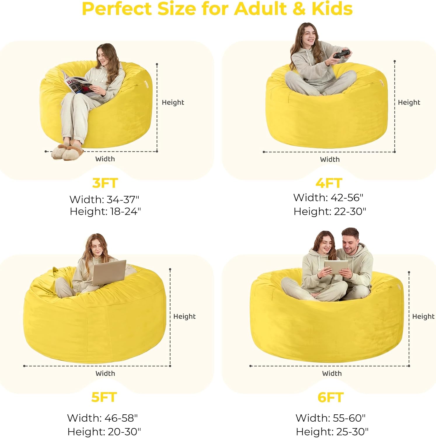HABUTWAY Bean Bag Chair: Giant 5' Memory Foam Furniture Bean Bag Chairs for Adults with Microfiber Cover 5Ft(Mustard)