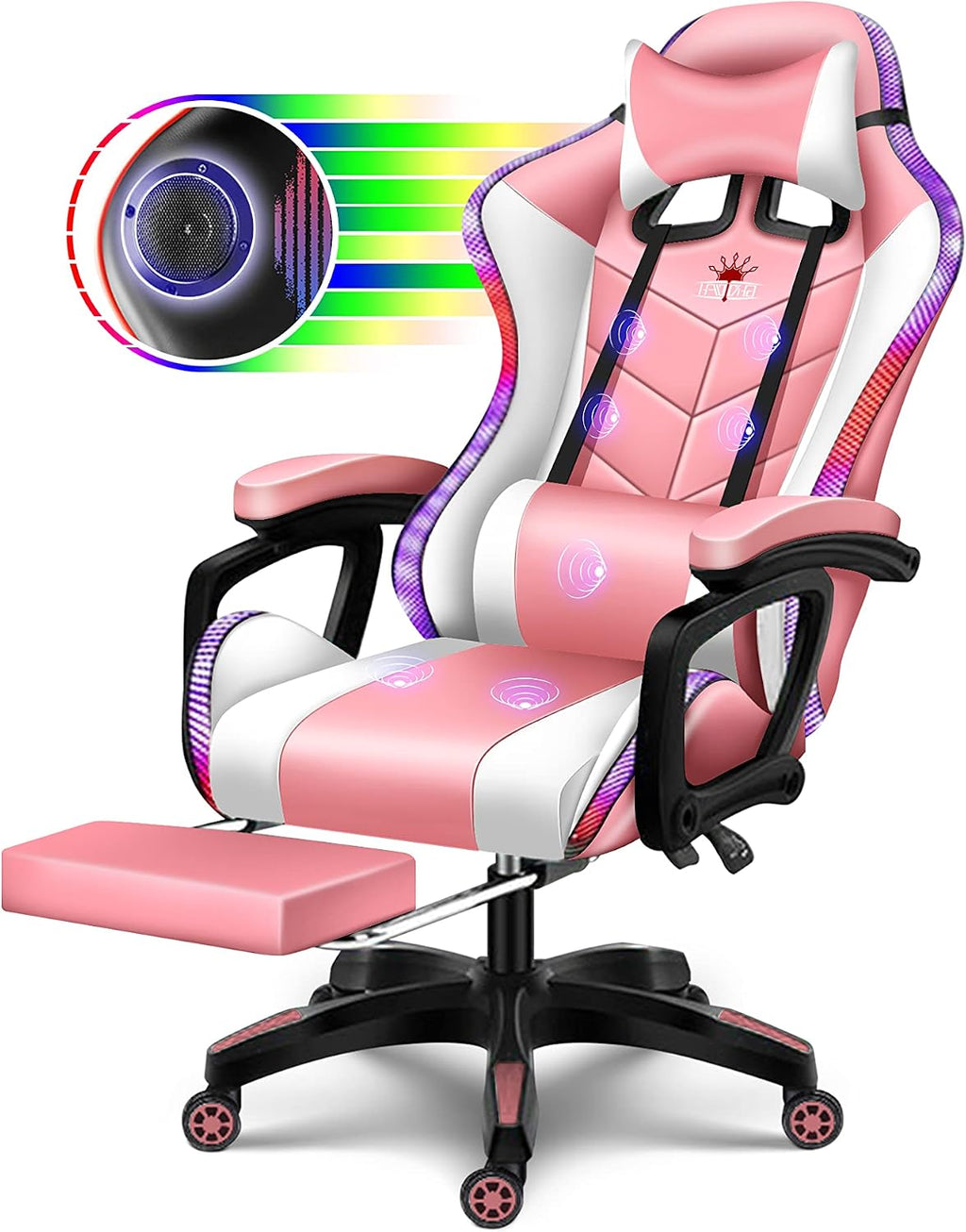 Ergonomic Pro Gaming Chair with LED Lights and Speakers, Video Game Chair with Massage and Footrest, High Back Computer Chair with Lumbar Support and Headrest, Adjustable Height, for Adult Teens.,Pin