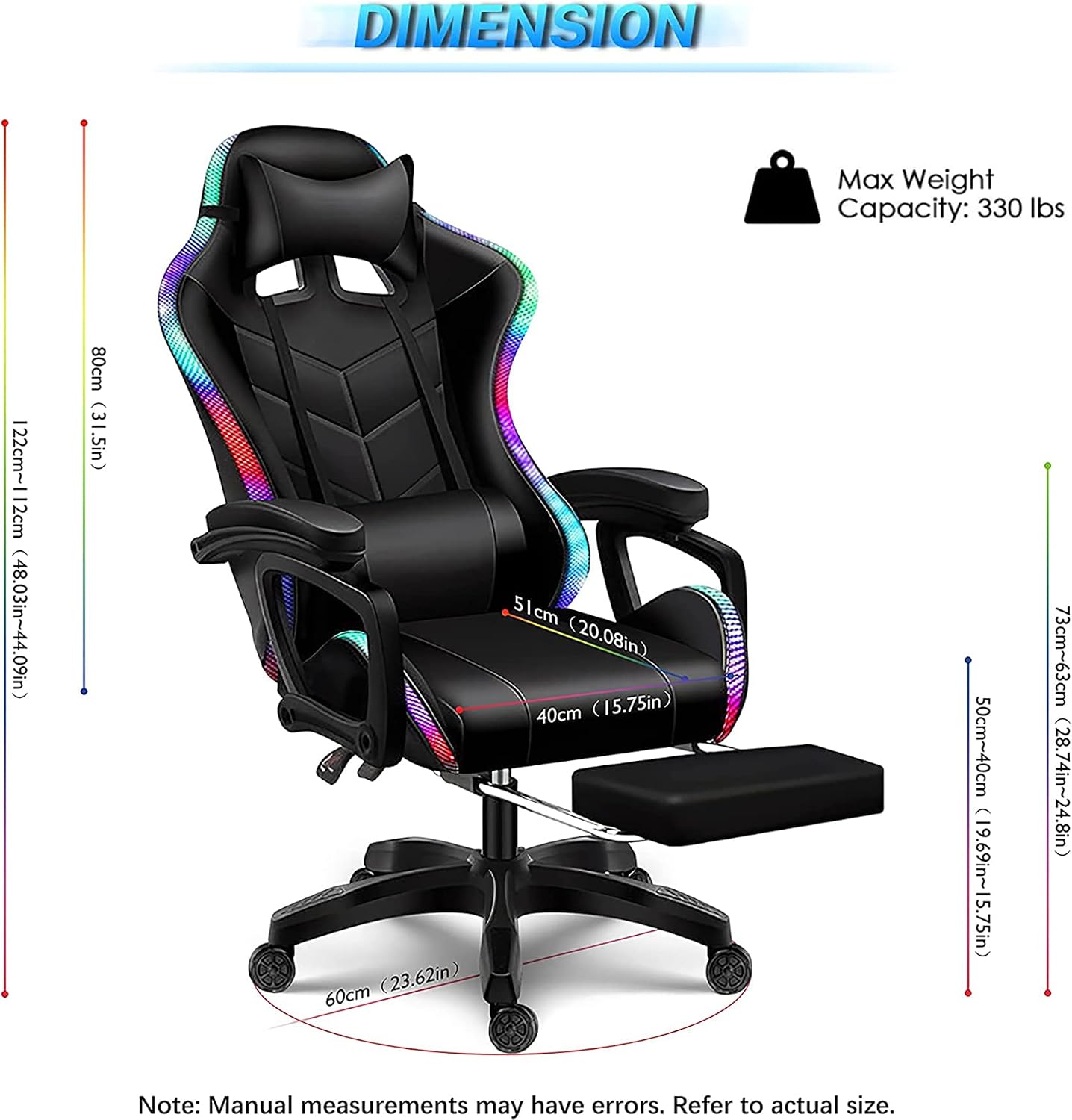 RGB Gaming Chair with Speakers and LED Light, Ergonomic 7 Points Massage Video Game Chair, High Back Recliner Chair, PU Leather Computer Chair with Headrest & Lumbar Support,Black