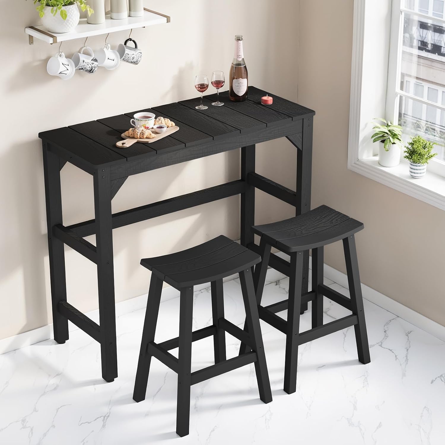 Stoog 3-Piece Patio Bar Set – All-Weather HIPS Outdoor Bar Stools Set of 2, Counter Height Bar Table with Waterproof Top, Fade & Rot Resistant, for Backyard, Deck, Garden, Black