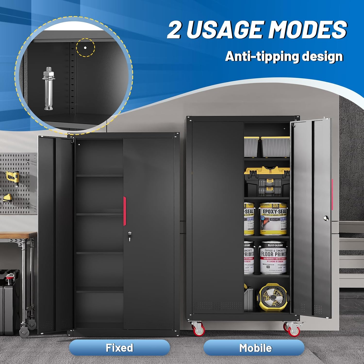 Metal Storage Cabinet with Wheels,71' Garage Cabinets with 4 Adjustable Shelves and Lockable Doors,Black Locking Cabinet Suitable for Garages,Home,Office