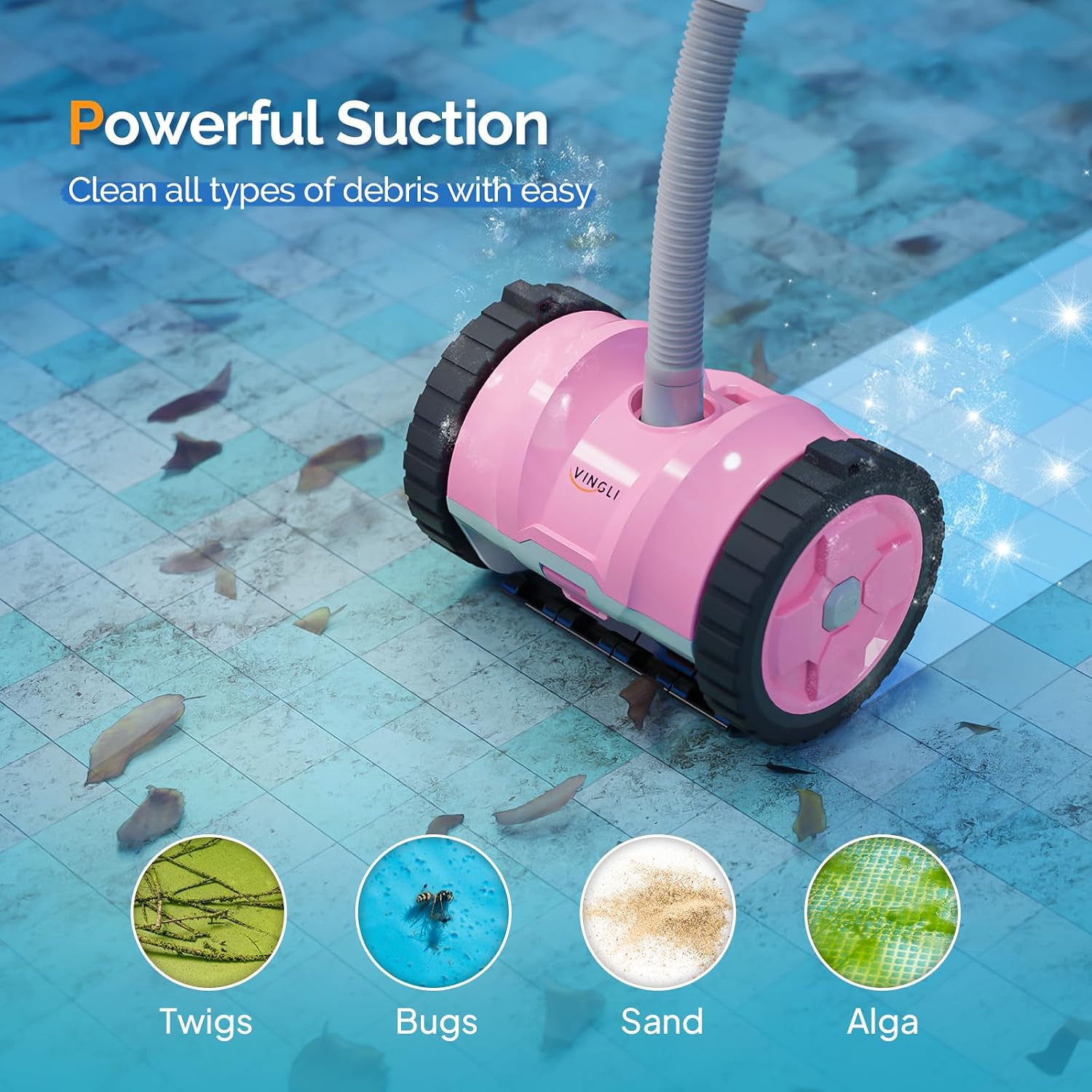 VINGLI Automatic Suction Pool Cleaner Robot for Inground Pools – Powerful Suction-Side Vacuum with 40FT Tangle-Free Pool Cleaner Hose - Ideal for Pool Cleaning Kits & Equipment, Comfort Pink&Gray
