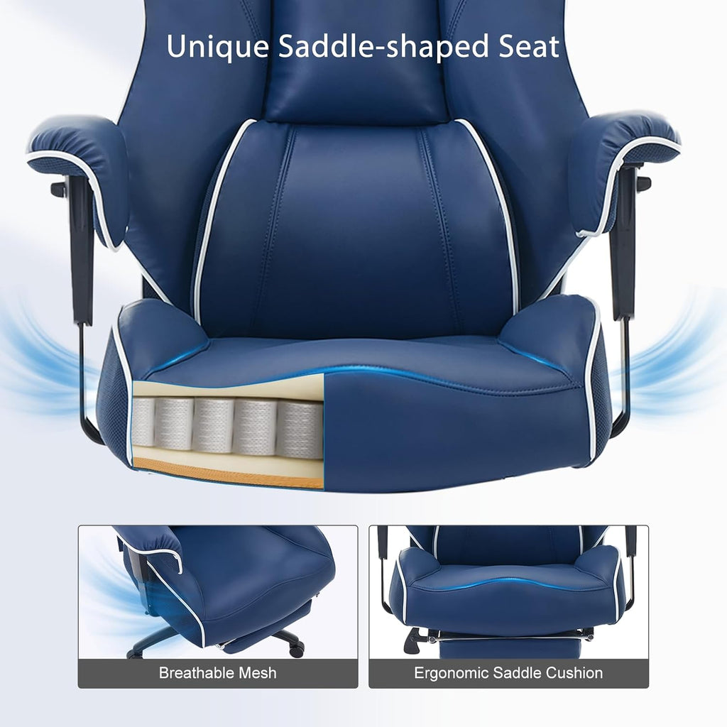 DJ·Wang Big and Tall Office Chair with Foot Rest, High Back Executive Office Chair PU Leather, Ergonomic Chairs with Lumbar Support, 135° Reclining Chairs with Thickened Spring Cushion Blue