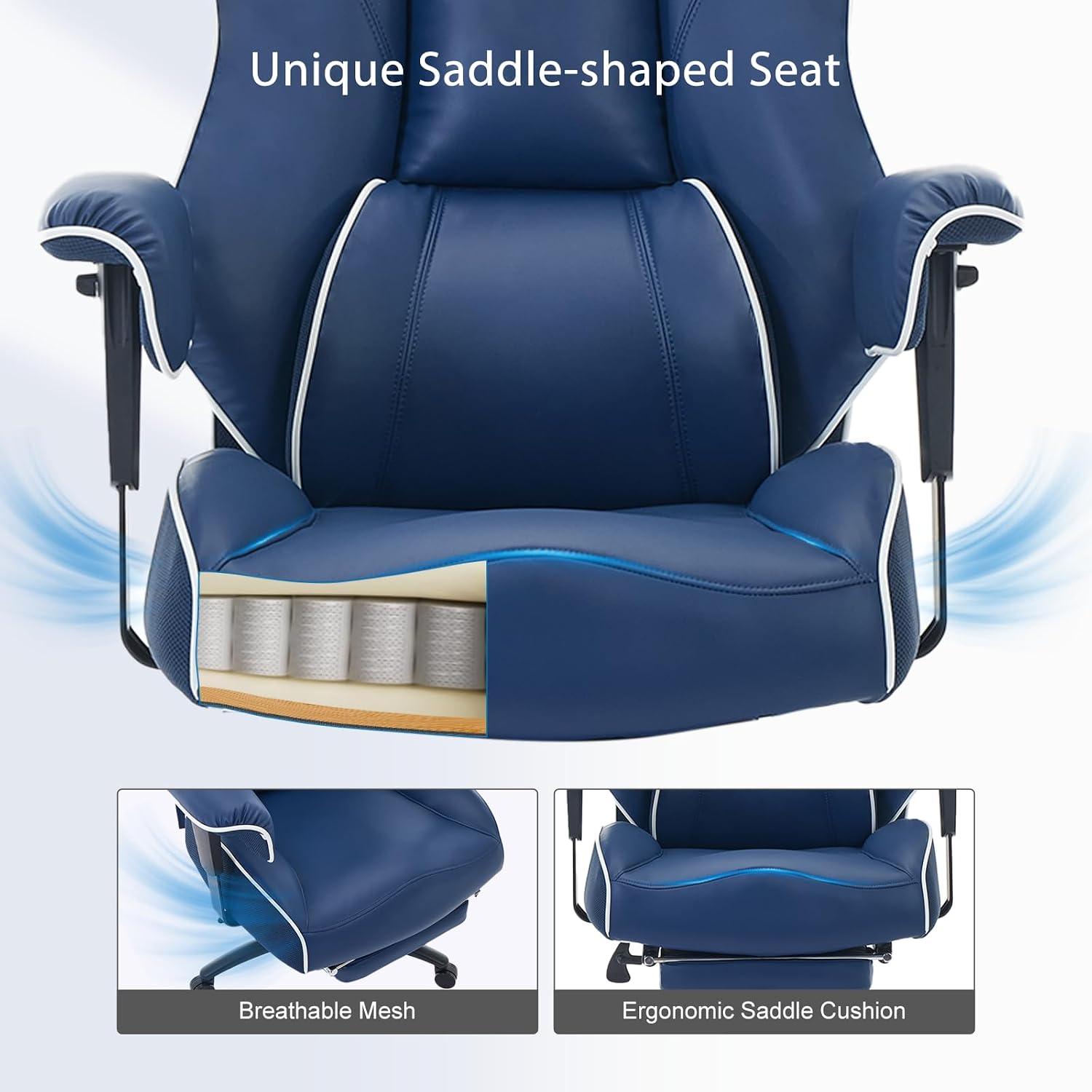 DJ·Wang Big and Tall Office Chair with Foot Rest, High Back Executive Office Chair PU Leather, Ergonomic Chairs with Lumbar Support, 135° Reclining Chairs with Thickened Spring Cushion Blue
