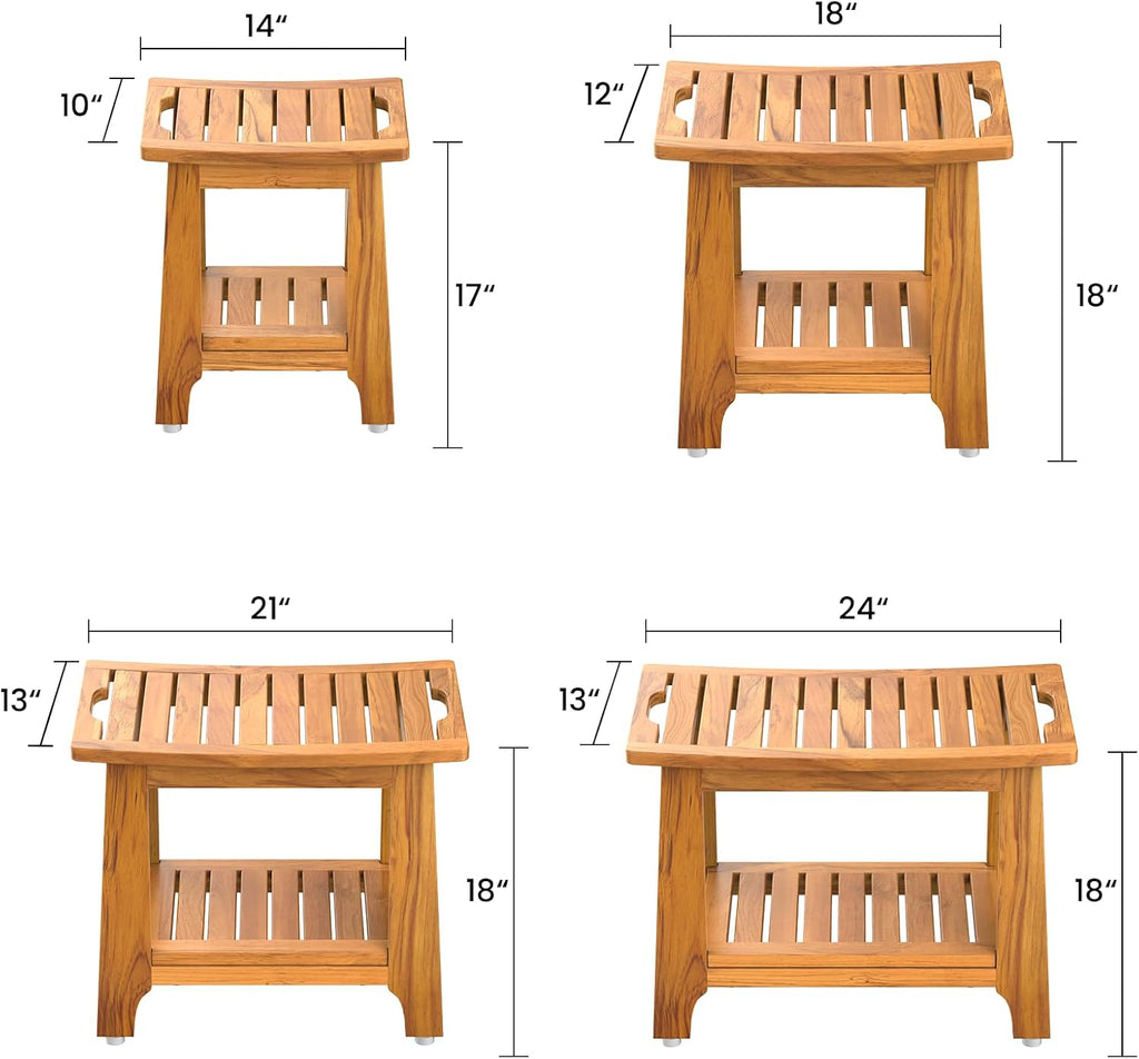 24' Large Teak Shower Bench with Shelf & Handle - Waterproof Spa Stool, Non-Slip Leveling Feet & 300 lbs Capacity - for Showers, Saunas/Steam Rooms & Outdoor Pools (Patented)