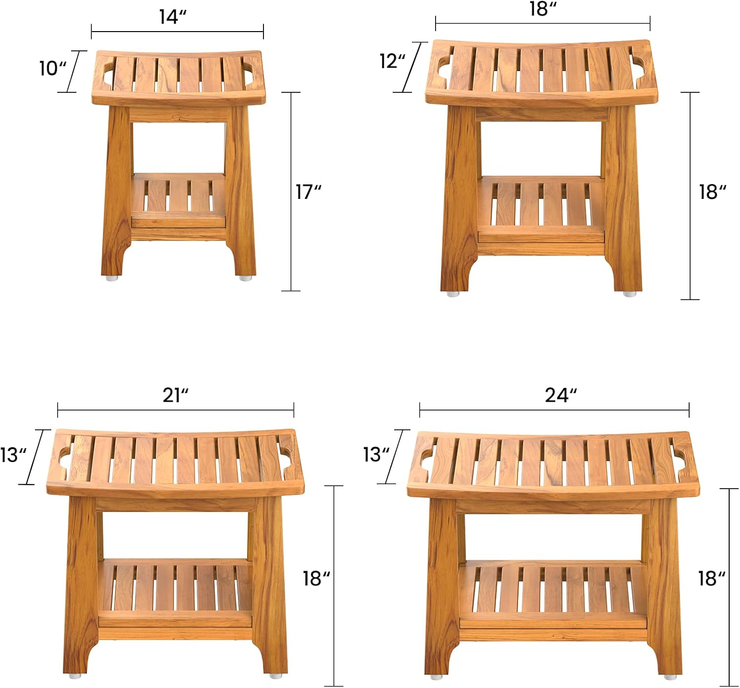 24' Large Teak Shower Bench with Shelf & Handle - Waterproof Spa Stool, Non-Slip Leveling Feet & 300 lbs Capacity - for Showers, Saunas/Steam Rooms & Outdoor Pools (Patented)