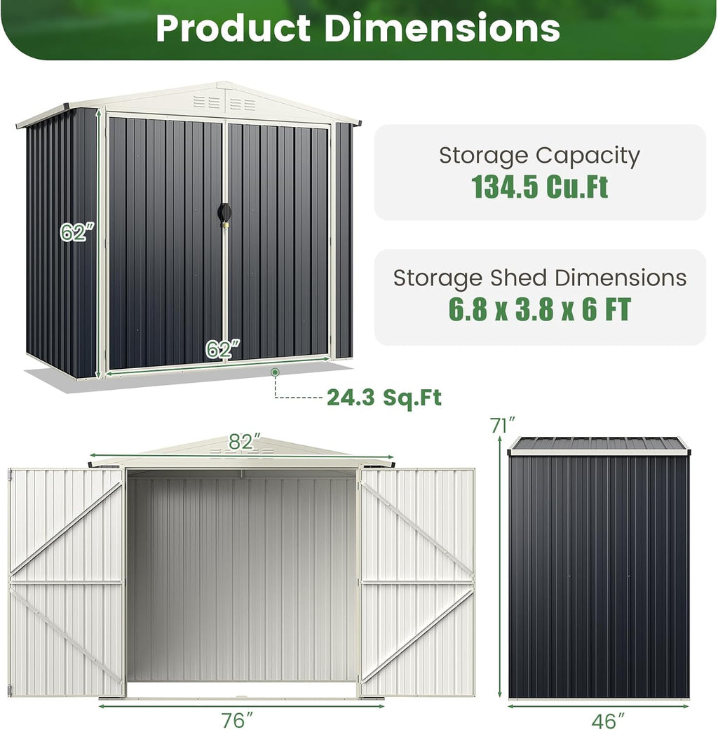 Goplus 6.8 x 3.8 FT Metal Storage Shed, All-Weather Galvanized Utility House w/Lockable Door, Easy Snap-On Sheds & Outdoor Storage for Garden, Back Yard, Lawn & Patio