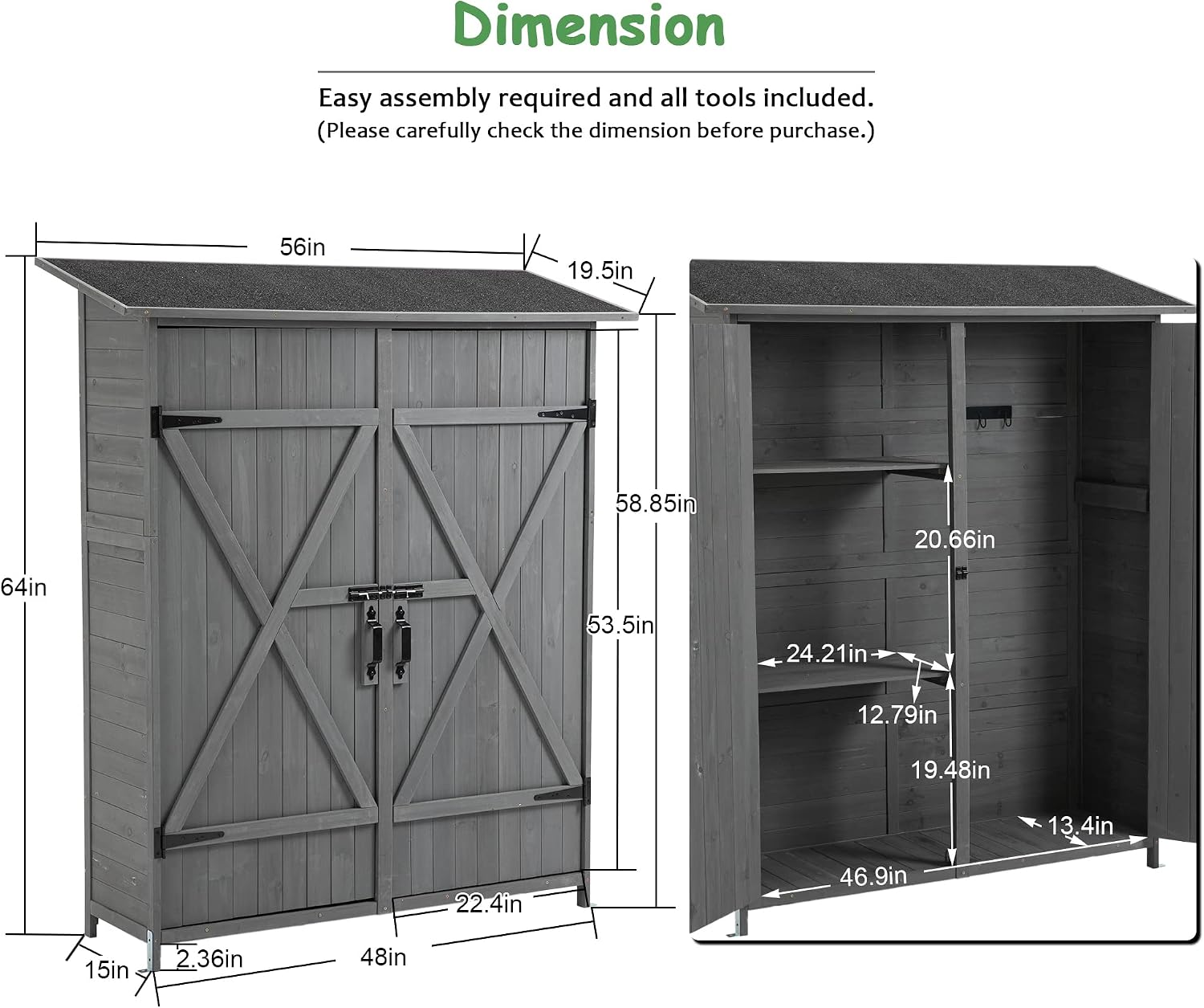 Tmsan Outdoor Storage Cabinet, Outside Wood Shed with Waterproof Roof & Detachable Shelves & Double Locks, Vertical Tool Storage Box for Patio, Garden, Backyard, Grey