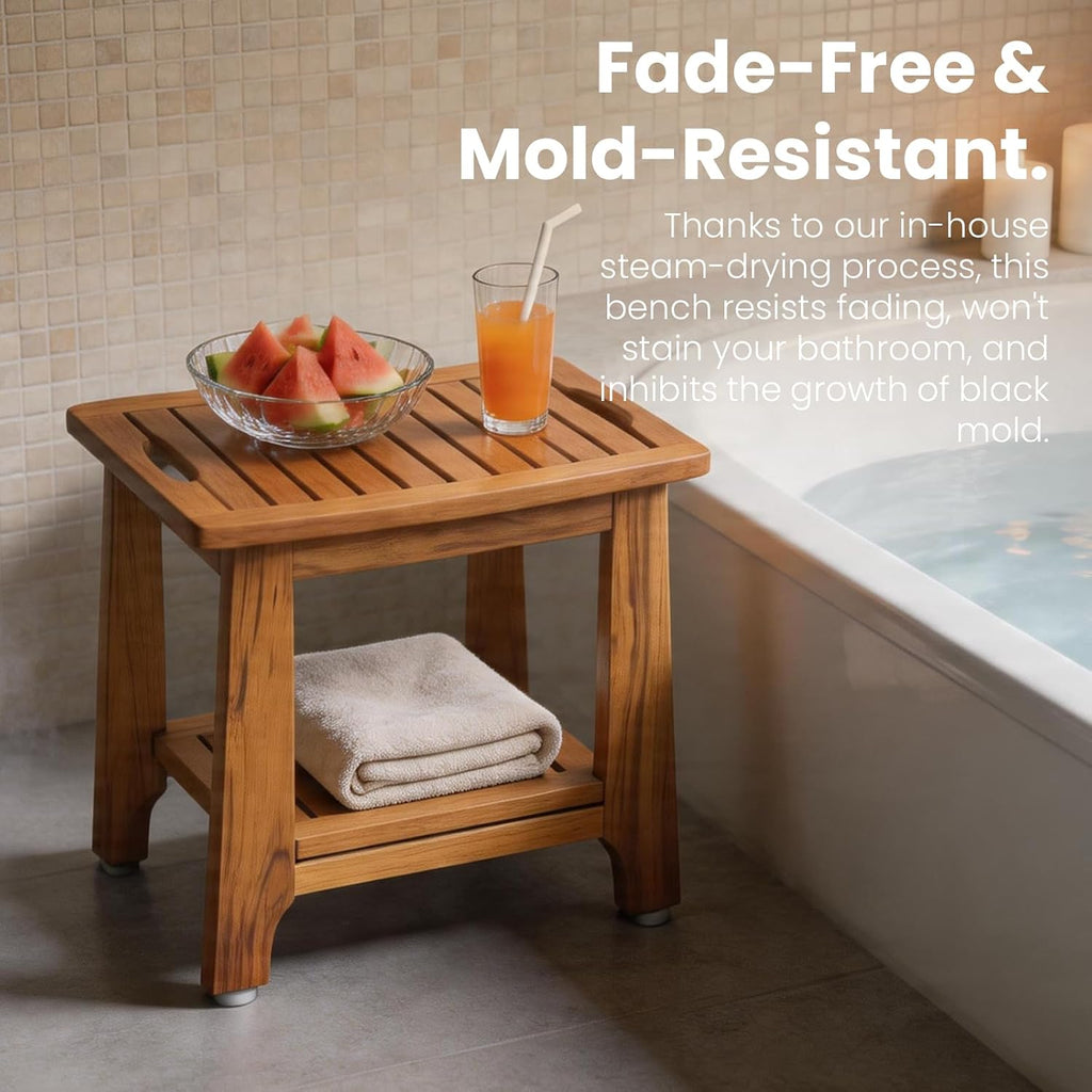 21' Standard Teak Shower Bench with Shelf & Handle - Waterproof, Non-Slip Bath Stool, 300 lbs Capacity - Fits Standard Tubs/Showers & Outdoor Use (Patented)