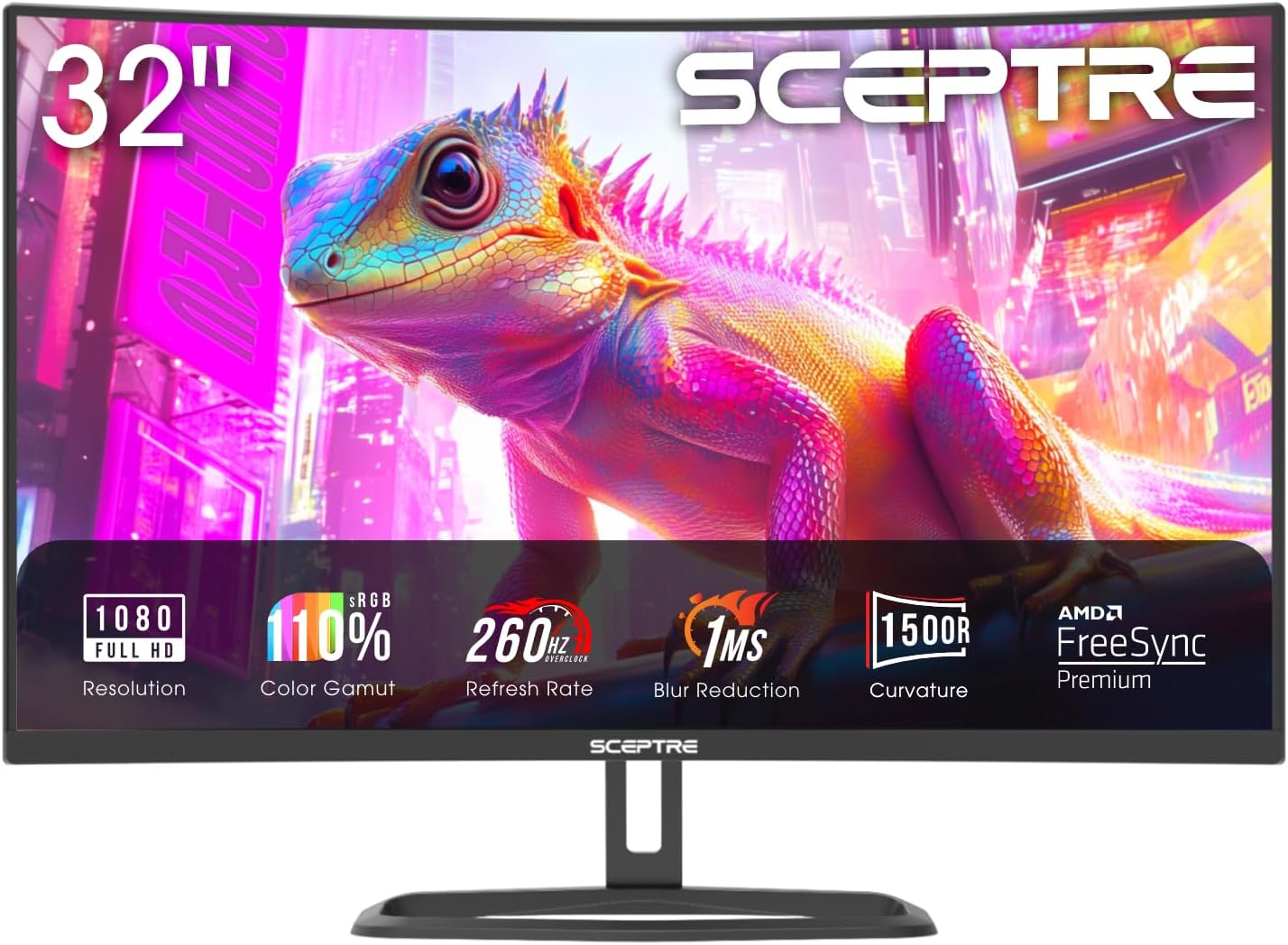 Sceptre Prime Curved 32 inch Gaming Monitor 1080p DisplayPort up to 260Hz 1500R FreeSync Premium 1ms Build-in Speakers, Machine Black 2026 (C325B-FW260D Series)