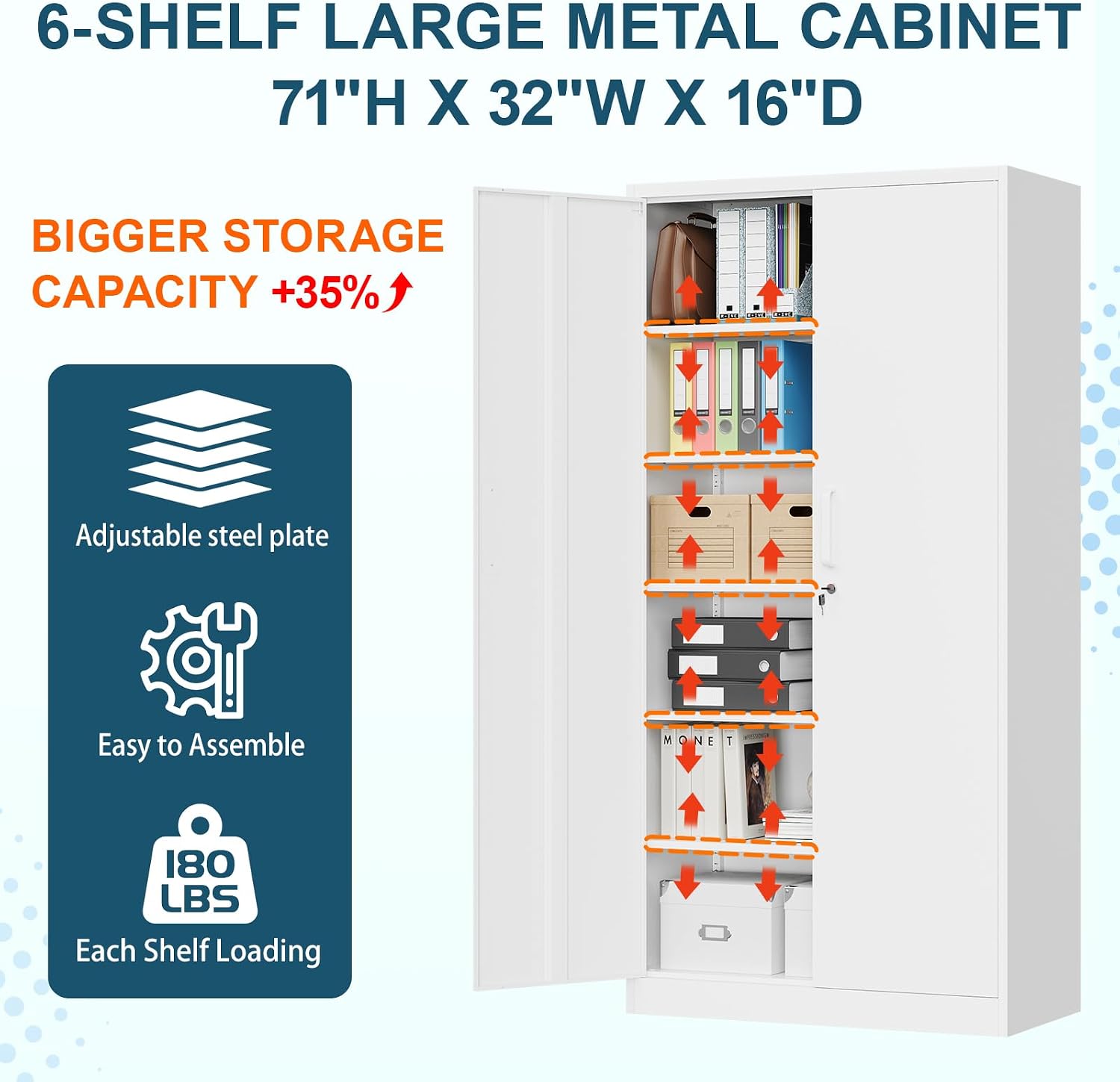 MIIIKO Metal Storage Cabinet with Lock, 71' Steel Storage Cabinet with 2 Doors and 5 Adjustable Shelves, for Office, School.