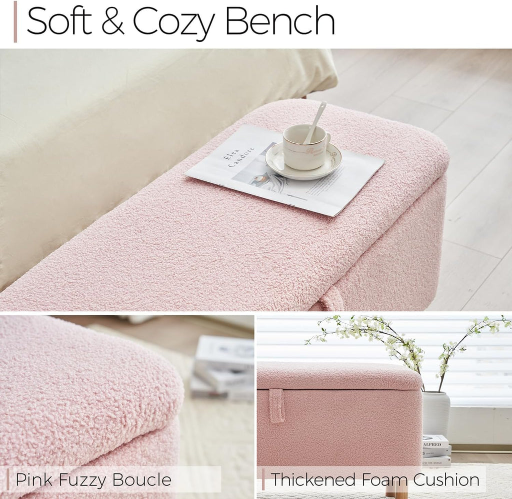 Boucle Storage Ottoman Bench for Bedroom end of Bed, Sherpa Upholstered Shoe Seat Storage Bench for Entryway Bed Foot, Rectangle Cushion Padded Blanket Chest Cute for Living Room, Pink