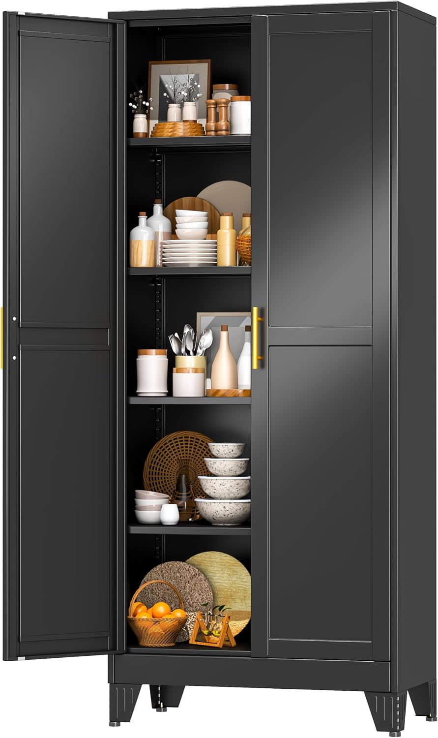 Black Pantry Storage Cabinet,71' Kitchen Pantry with Doors and 4 Adjustable Shelves, Metal Storage Cabinet, for Office, Home, Garage, School
