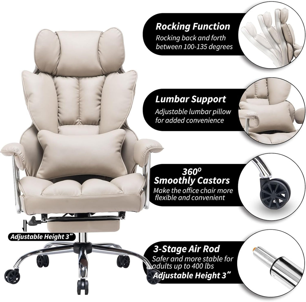 Efomao Big and Tall Office Chair, 400lbs Heavy Duty High Back Executive Chair with 23.6' Extra Wide Seat, PU Leather Desk Chair with Footrest and Padded Armrests, Grey