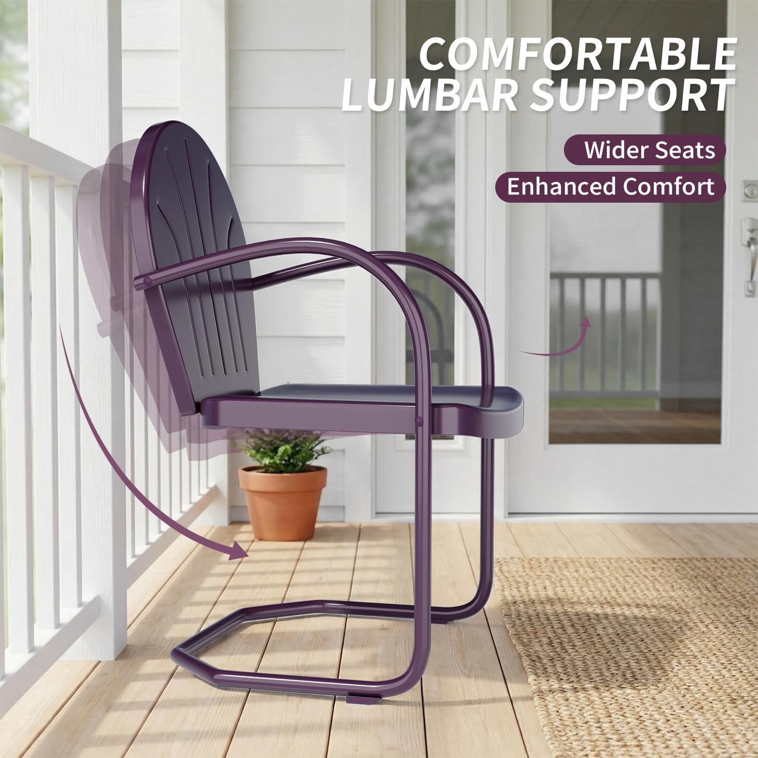 Patio Bistro Set Retro Metal Outdoor Seating Conversation 3 Pieces, 2 C-Spring Motion Armchairs and Round Side Table, for Porch, Lawn, Garden, Purple