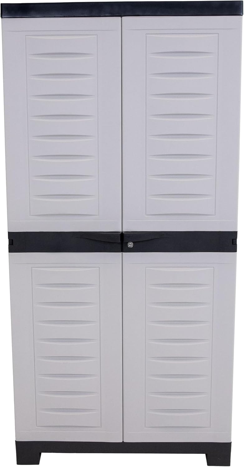 Sunnydaze 48' H Resin Garage Storage Cabinet - Garage Cabinet with Lockable Doors and Adjustable Shelves - Freestanding Utility Storage for Laundry Room, Office, Basement - Gray/Charcoal Trim
