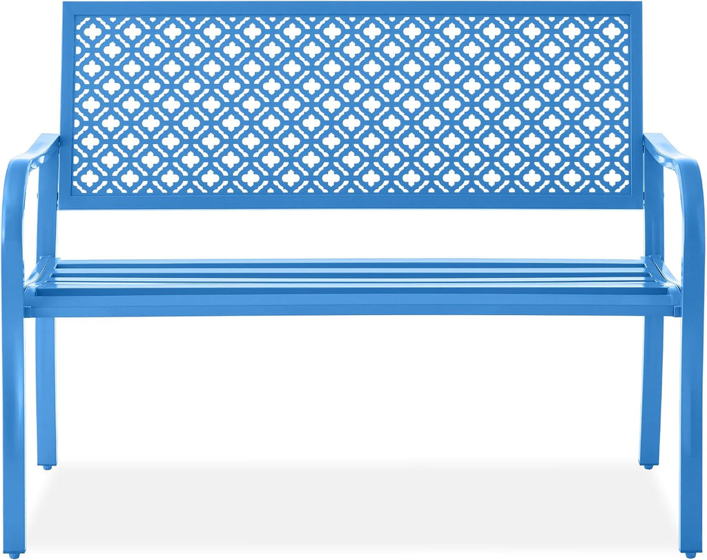 Best Choice Products Outdoor Bench 2-Person Metal Steel Benches Furniture for Garden, Patio, Porch, Entryway w/Geometric Backrest, 790lb Capacity - Ocean Blue