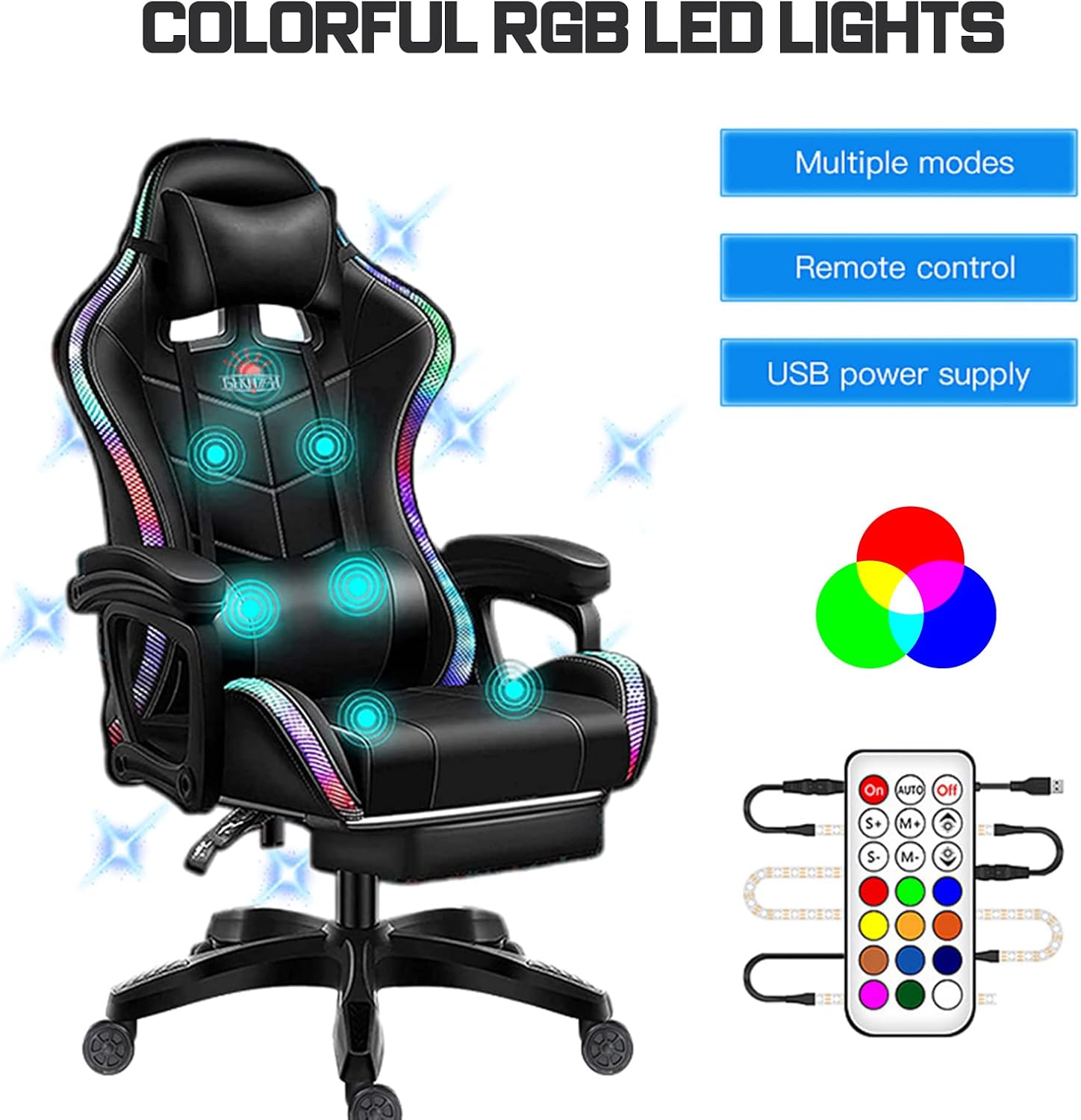RGB Gaming Chair with Speakers, Massage Computer Chair Ergonomic Racing Game Chairs for Teens PU Leather Recliner Swivel Gamer Chair with Lumbar Support Headrest Armrest and Footrest,Red