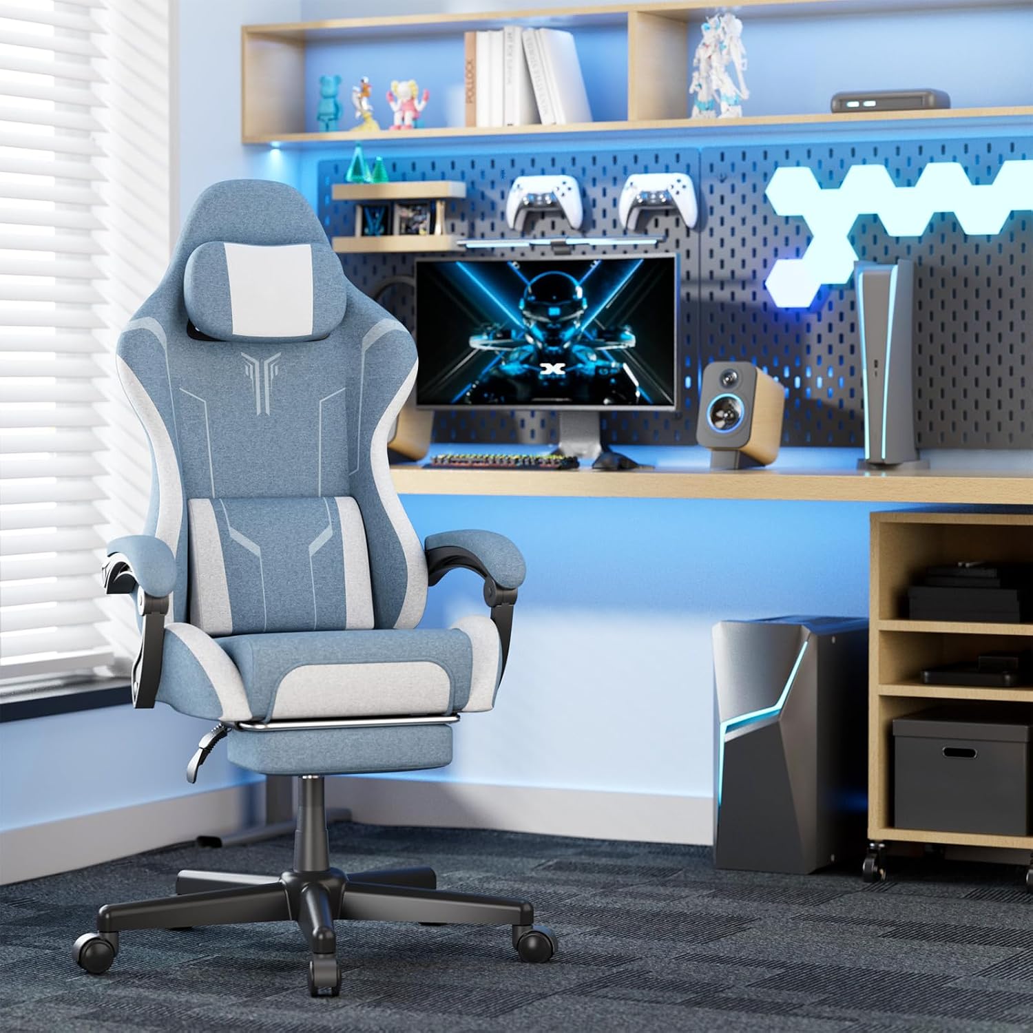 Soontrans Blue Gaming Chair, Fabric Ergonomic Computer Chair with Footrest and Linkage Armrest for Adult, High Back Office Game Chair with Massage Lumbar Support