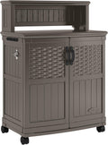 Suncast Patio Storage and Prep Station with 47-Gal. Cabinet, Adjustable Shelf, and Utensil Hooks, Outdoor Rolling Storage Cabinet and Grill Prep Table, Made in The USA