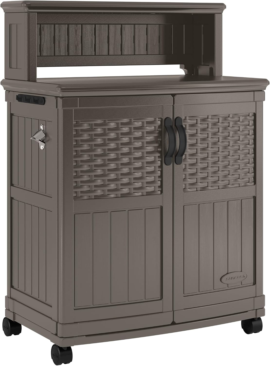 Suncast Patio Storage and Prep Station with 47-Gal. Cabinet, Adjustable Shelf, and Utensil Hooks, Outdoor Rolling Storage Cabinet and Grill Prep Table, Made in The USA