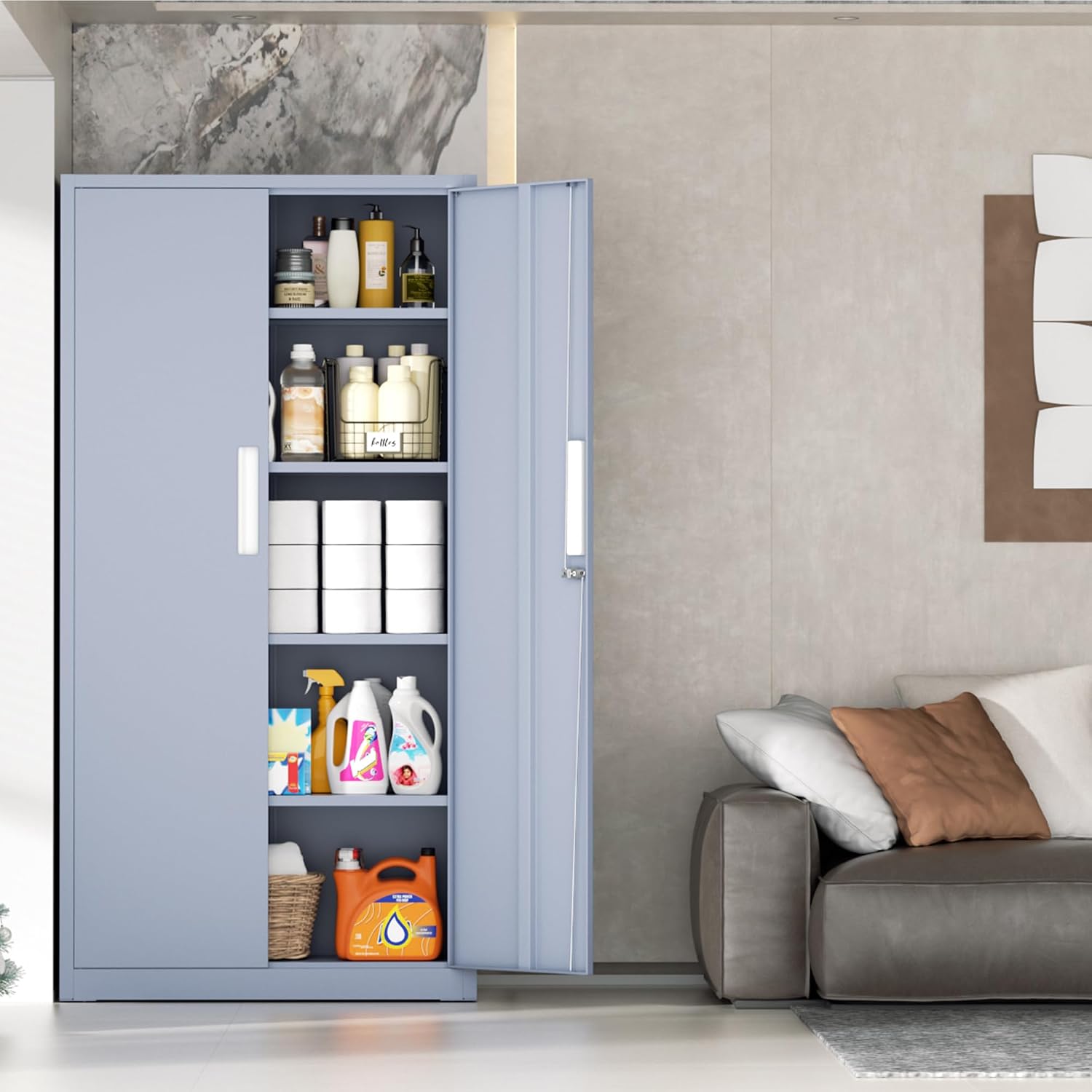 INTERGRAET 63' Pantry Cabinet, Kitchen Pantry Storage Cabinets with 2 Doors and 4 Shelves,Cement Gray Metal Storage Cabinet,Cupboard for Home,Kitchen,Living Room/Dining