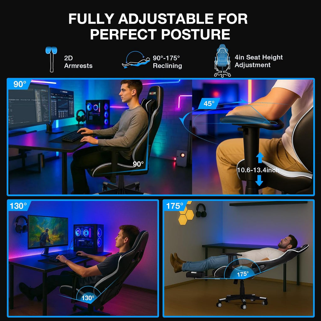 Douxlife 7-Point Massage Gaming Chair with Footrest, 400lbs Heavy Duty Ergonomic Computer Chair, 175° Reclining High Back Racing Seat for Adults with Adjustable Armrests & Lumbar Support, White