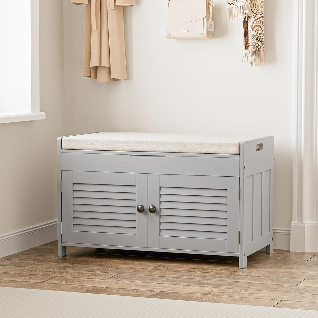 WARMHONIU Shoe Storage Bench with Lift Top Storage, Entryway Bench with Cushioned Seat, Adjustable Shelf, 2 Tier Shoe Rack with Doors for Entryway, Bedroom, Hallway, Mudroom, Grey