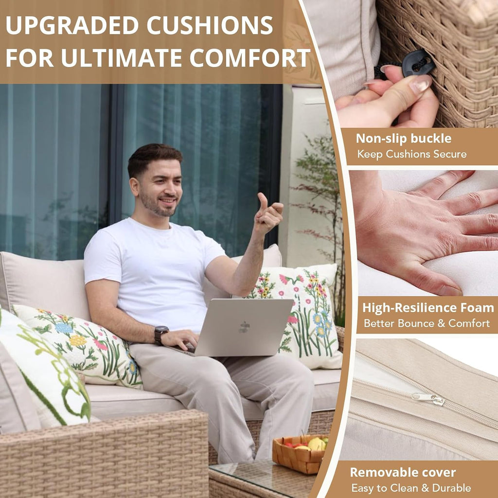 4-Piece Outdoor Patio Furniture Set Beige All-Weather Rattan Outdoor Couch with Coffee Table Outdoor Patio Sofa Seating with Cushions for Garden, Poolside, Porch