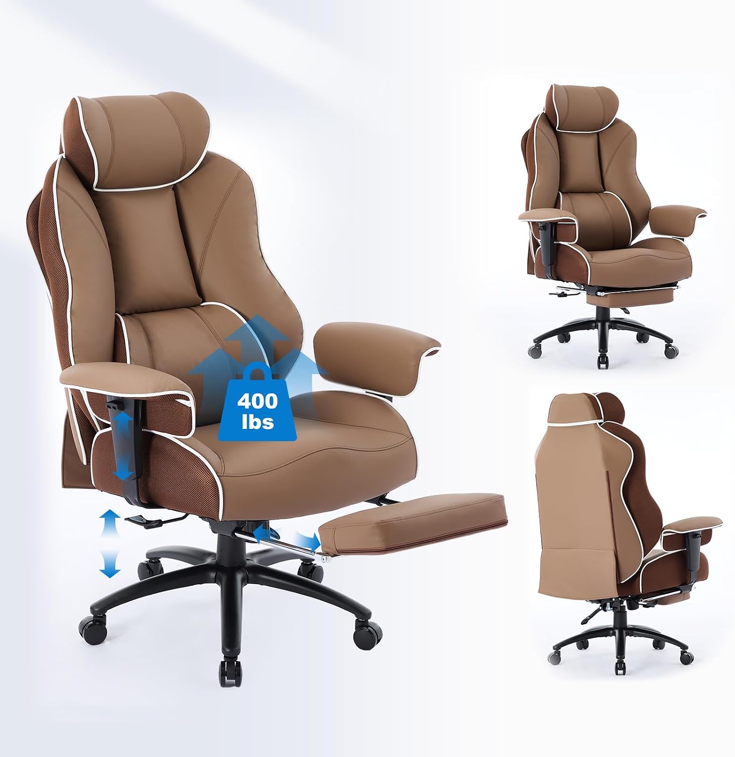 DJ·Wang Big and Tall Office Chair with Foot Rest, High Back Executive Office Chair PU Leather, Ergonomic Chairs with Lumbar Support, 135° Reclining Chairs with Thickened Spring Cushion Brown