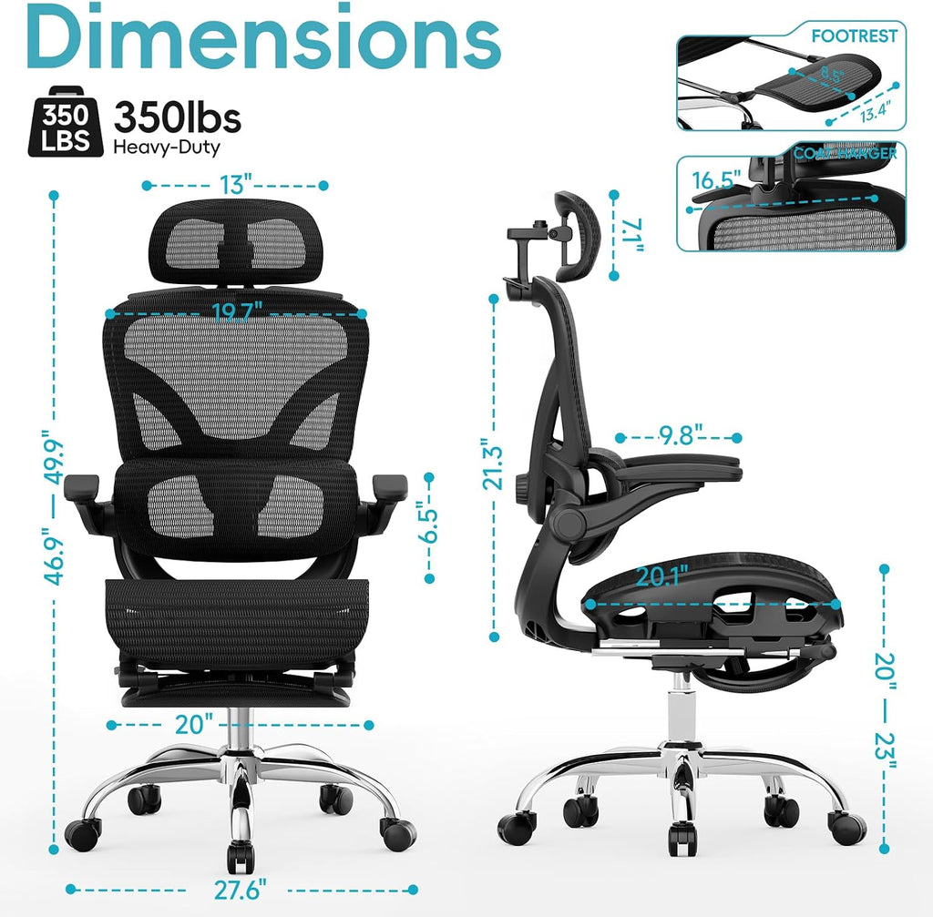 Alllion Ergonomic Mesh Office Chair, Home Desk Chair Comfy High Back with Adjustable Lumbar Support, 3D Headrest, Flip-up Arms, Big and Tall Reclining Computer Gaming Chairs for Men Women, Black