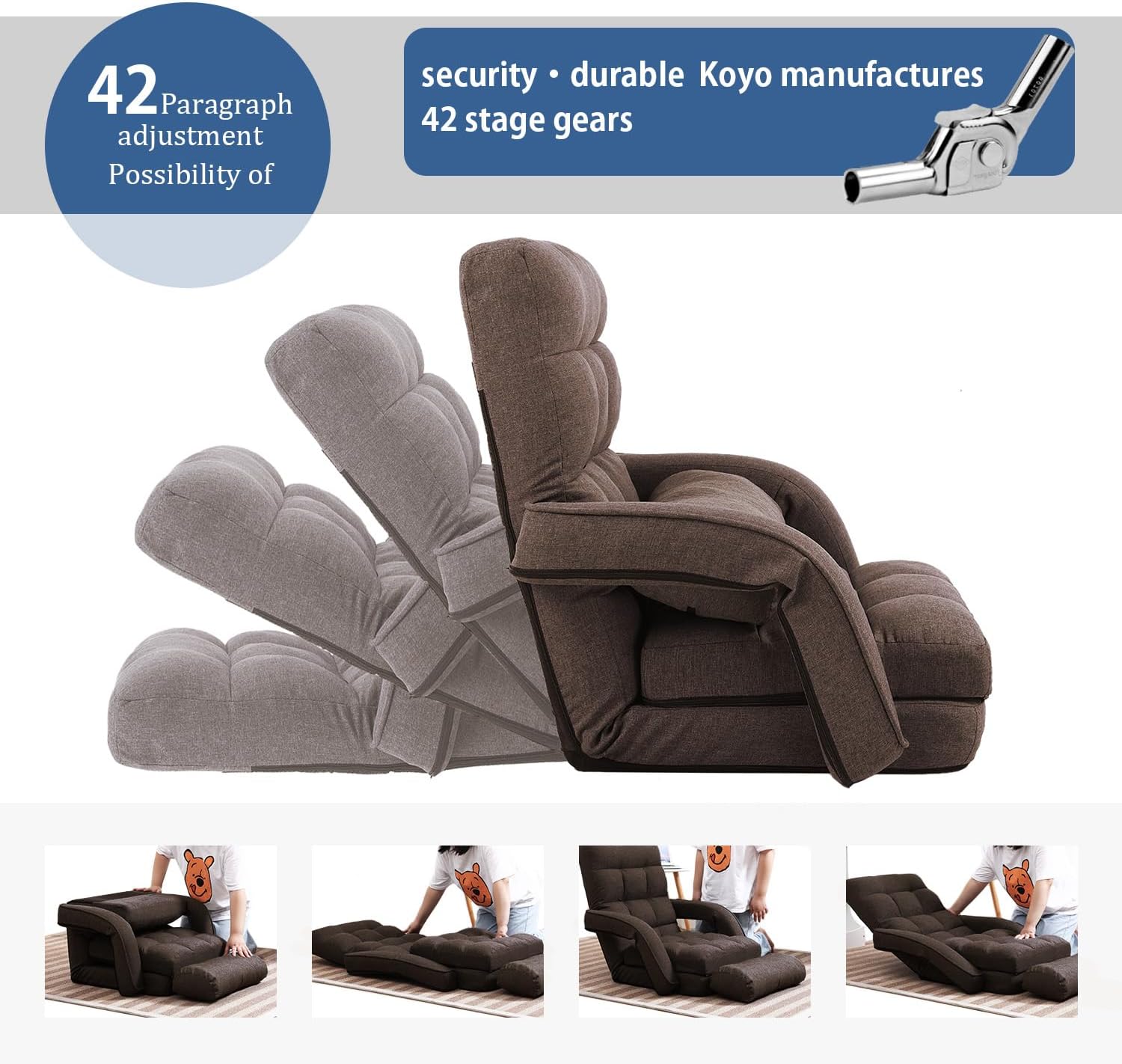 42-Position Adjustable Floor Chair, Chaise Lounge Chair Indoor,Comfy Folding Lazy Sofa Chair for Adults with Armrests and a Pillow Padded,Gaming Chairs for Living Room,Bedroom,Fabric,Brown