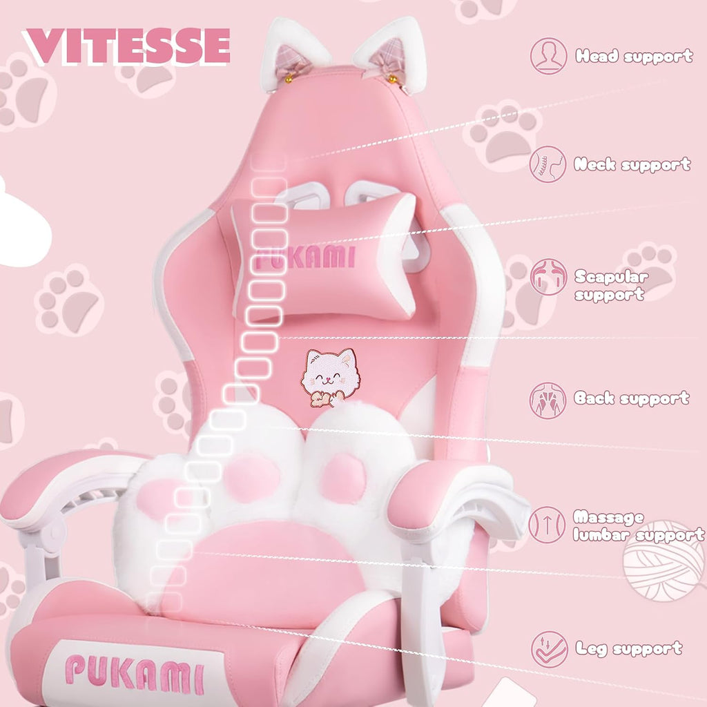 VITESSE Pink Gaming Chair for Girl with Cat Paw Lumbar Cushion and Cat Ears,Ergonomic Computer Chair for Girl with Footrest and Headrest Comfortable Reclining PC Game Chair for Adult,Kid (White)