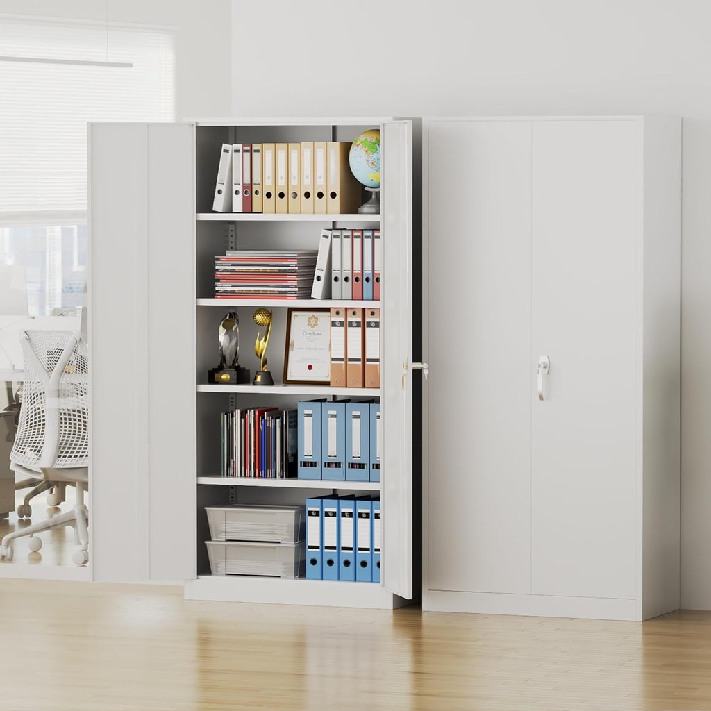 Pataku Metal Storage Cabinet, Garage Cabinet with Doors and Shelves Lockable Steel Multifunctional Cabinets, White File Cabinets for Home, Office, Garage, Warehouse