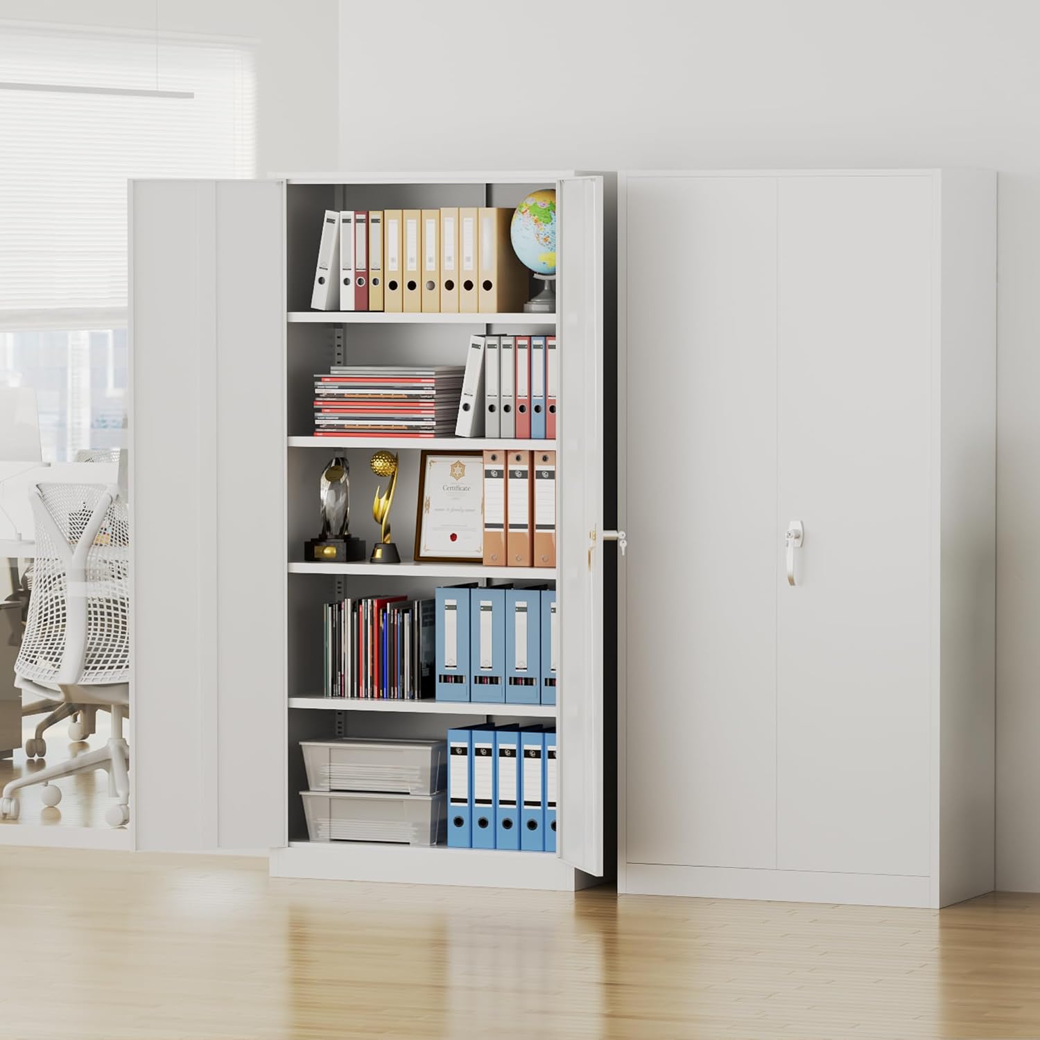Pataku Metal Storage Cabinet, Garage Cabinet with Doors and Shelves Lockable Steel Multifunctional Cabinets, White File Cabinets for Home, Office, Garage, Warehouse