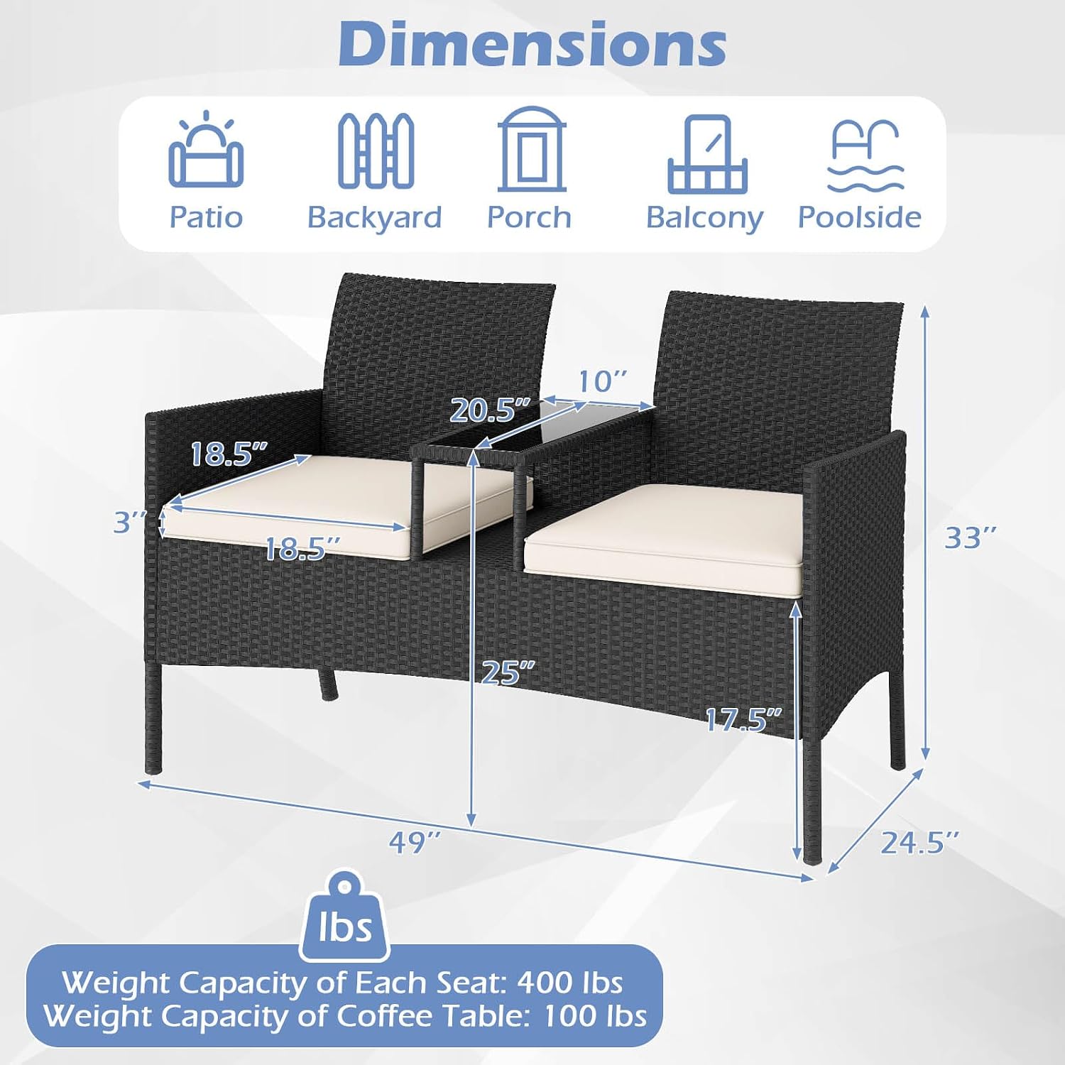 Tangkula Patio Loveseat with Built-in Table, Wicker 2-Seat Furniture with Soft Cushions & Tempered Glass Tabletop, Metal Frame Outdoor Conversation Seating Bench for Backyard, Porch